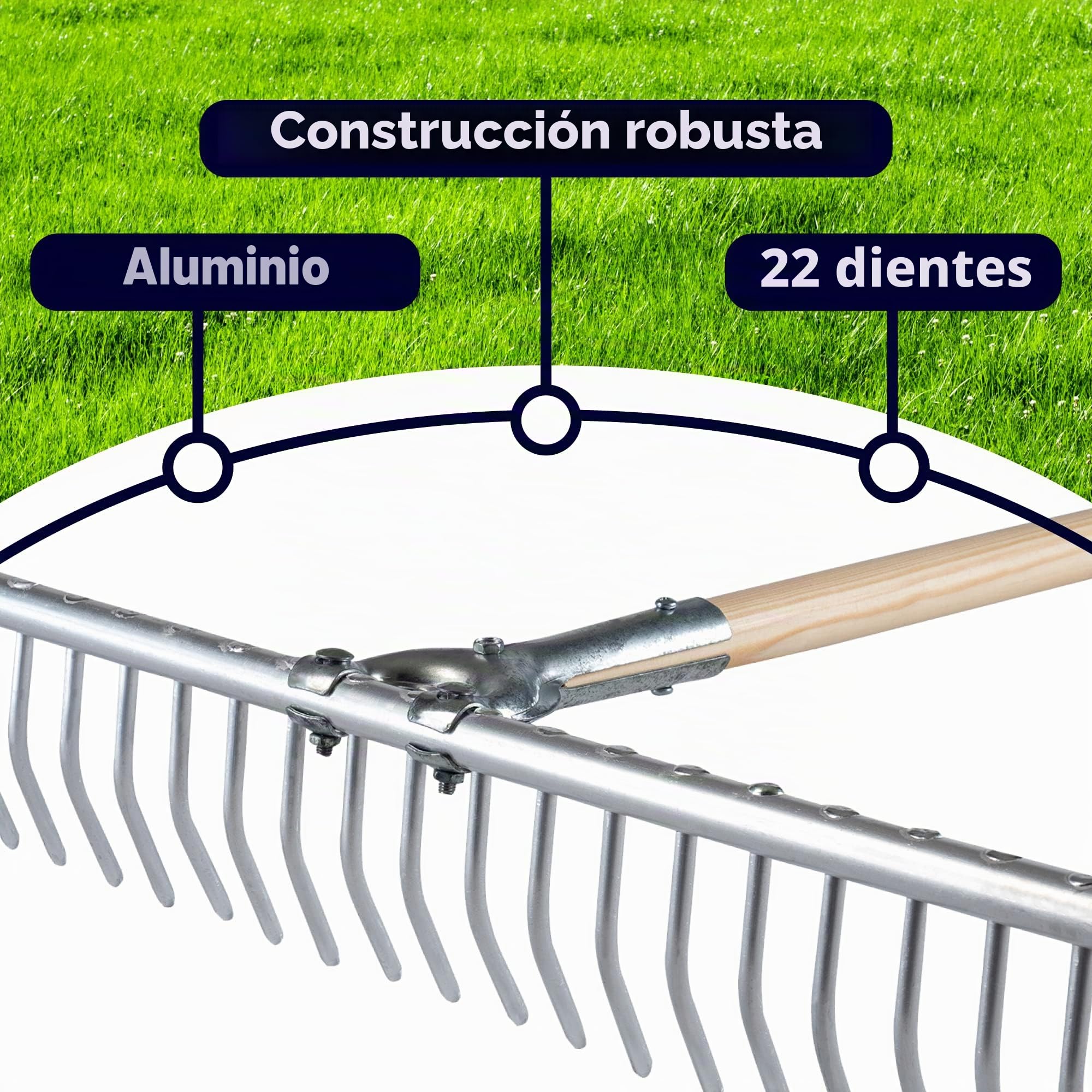 KADAX Rastrillo de heno con Mango Largo de Madera, rastrillo Ancho para jardín, parterres, césped, rastrillo de jardín, rastrillo, rastrillo de césped, Herramienta de jardín,(Aluminio)