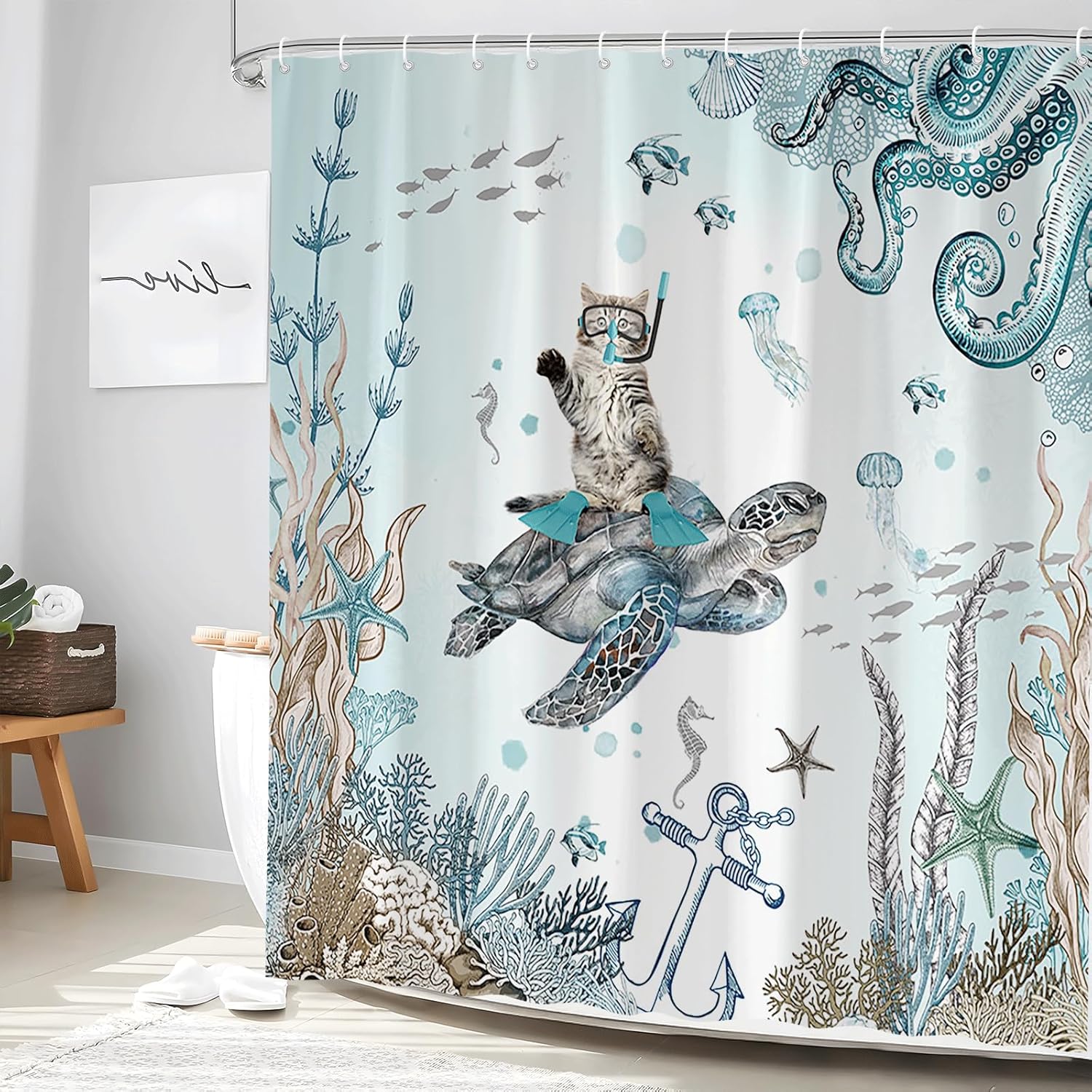 Funny Cat Shower Curtain Sea Turtle Ocean Animal Underwater Coral Octopus Seaweed Anchor Nautical Theme Polyester Bathroom Decor Set with Hooks 70W x 90H inch