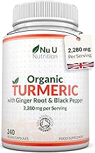 Organic Turmeric Ginger & Black Pepper 2280mg - 240 Vegan Capsules not Tablets - High Strength Tumeric Curcumin - Joints Herbal Supplement for Men and Women - Made in The UK - Nu U Nutrition