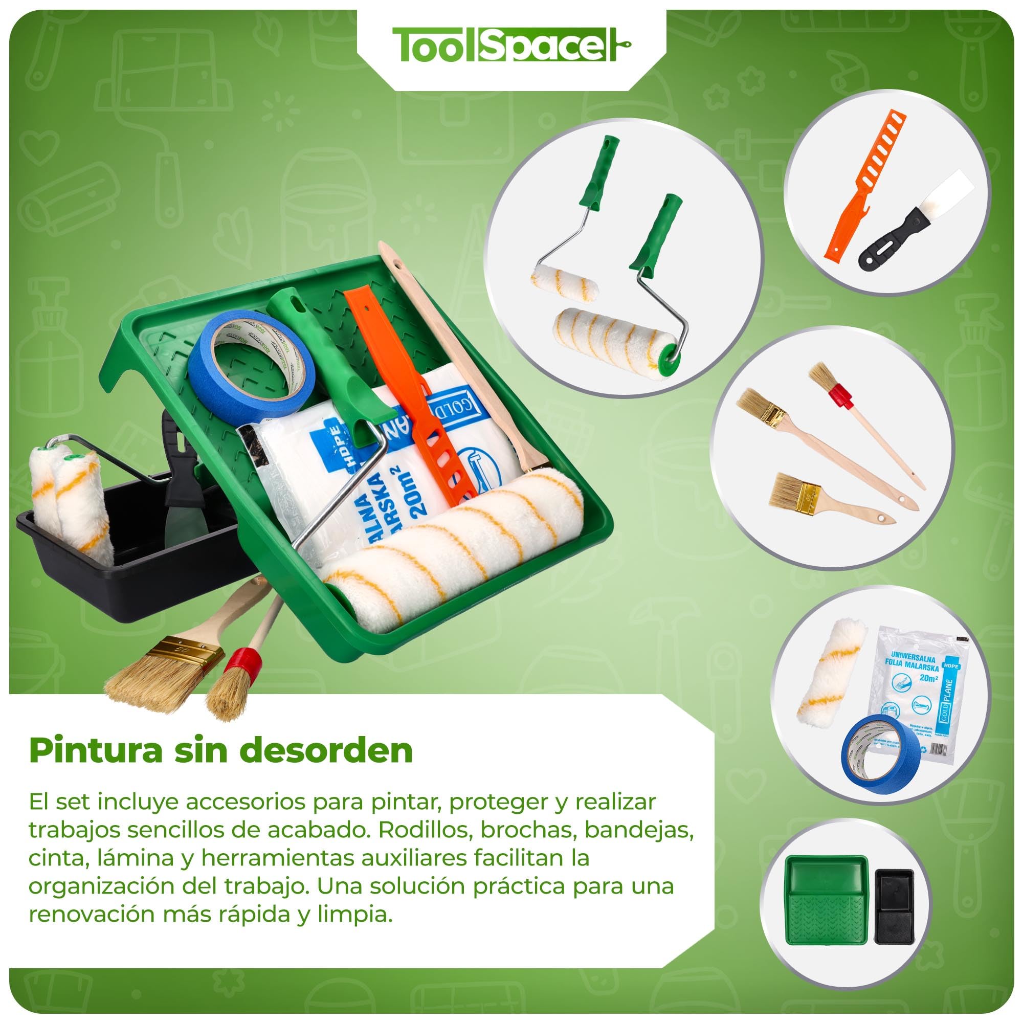 ToolSpace Set de pintura - 13 piezas - 2x rodillos de pintura, bandeja de pintura, 3x pinceles, agitador de pintura, espátula, cinta adhesiva y lámina - Set de pintura completo