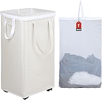 DOKEHOM 90L Collapsible Rolling Laundry Hamper with Removable Wash Bag, X-Large Foldable Laundry Basket on Wheels (Beige)
