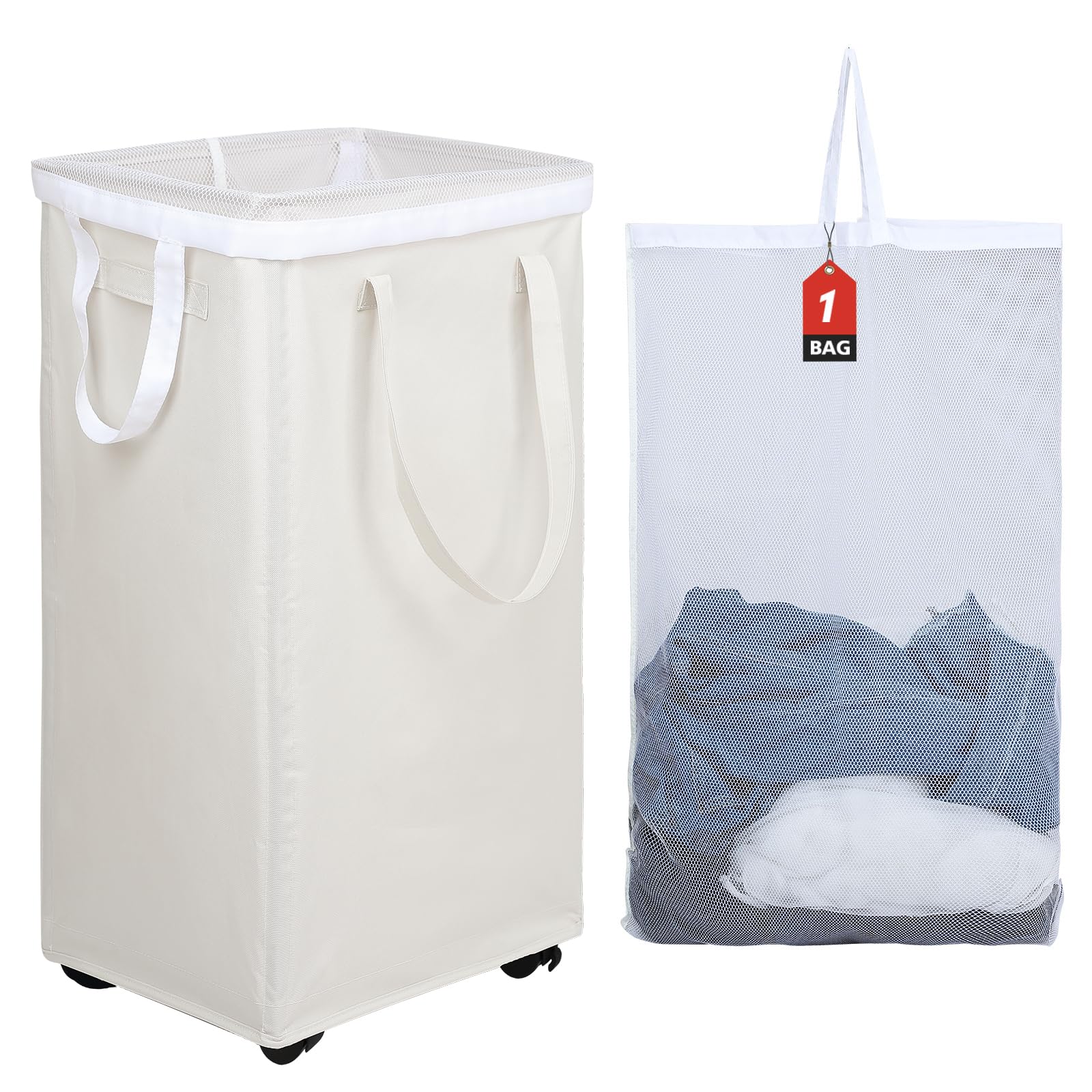 DOKEHOM 90L X-Large Laundry Basket with Removable Wash Bag on Wheels, Collapsible Rolling Laundry Hamper