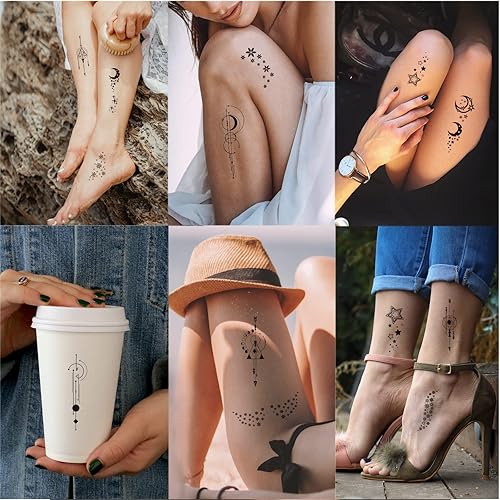 Miniatura 4 de Tatuaje temporal de flor de estrella para mujer, diseño realista de copos de nieve de luna negra grande, calcomanías de tatuaje falsas para adultos