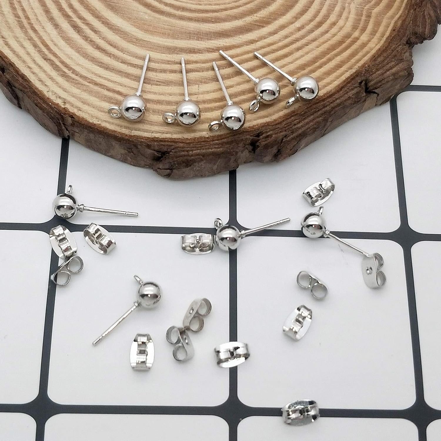 100pcs Ball Earring Studs and Backs, White K Stud with Loop Hypoallergenic Post Earring for Jewelry Making