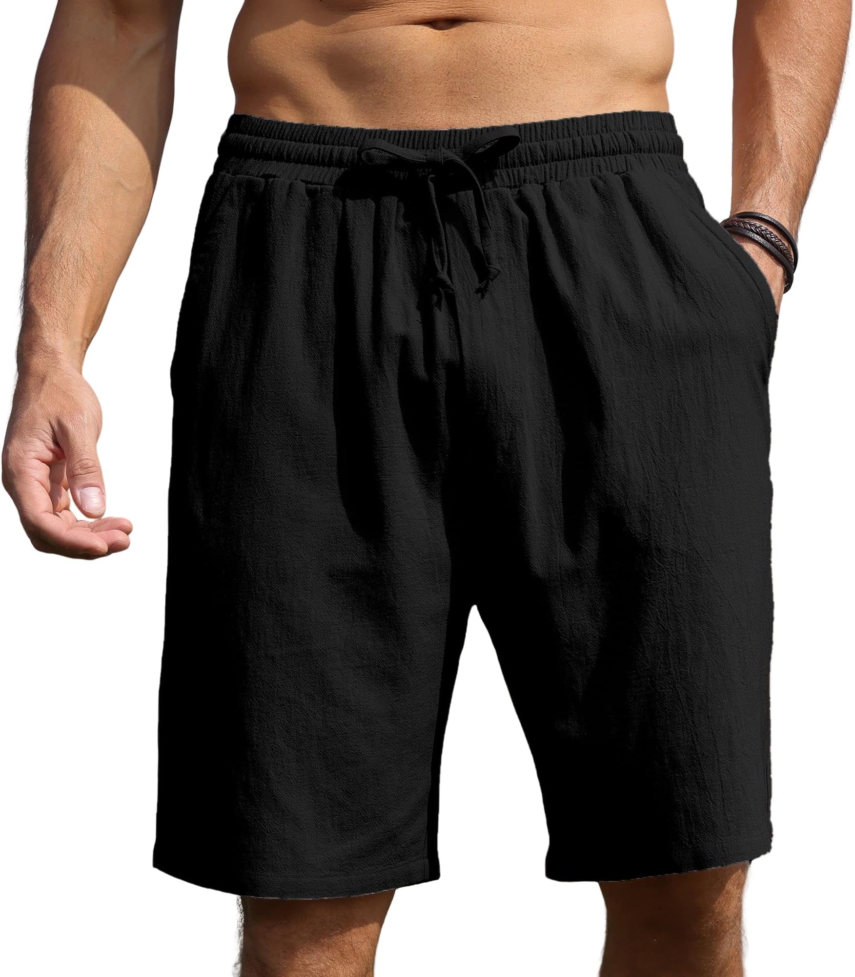CTUMens Shorts Cotton Linen Shorts Summer Casual Joggers Shorts with Elastic Waist Pockets M-3XL
