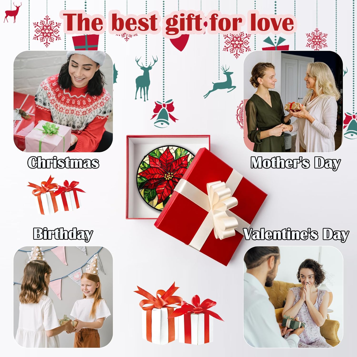 Stained Glass Window Hanging - Poinsettia Suncatcher for Door Garden Home Decor Birth Flower Sun Catcher Birthday Mother's Day for Lovers Friend Women Mom Nana 9.8 in