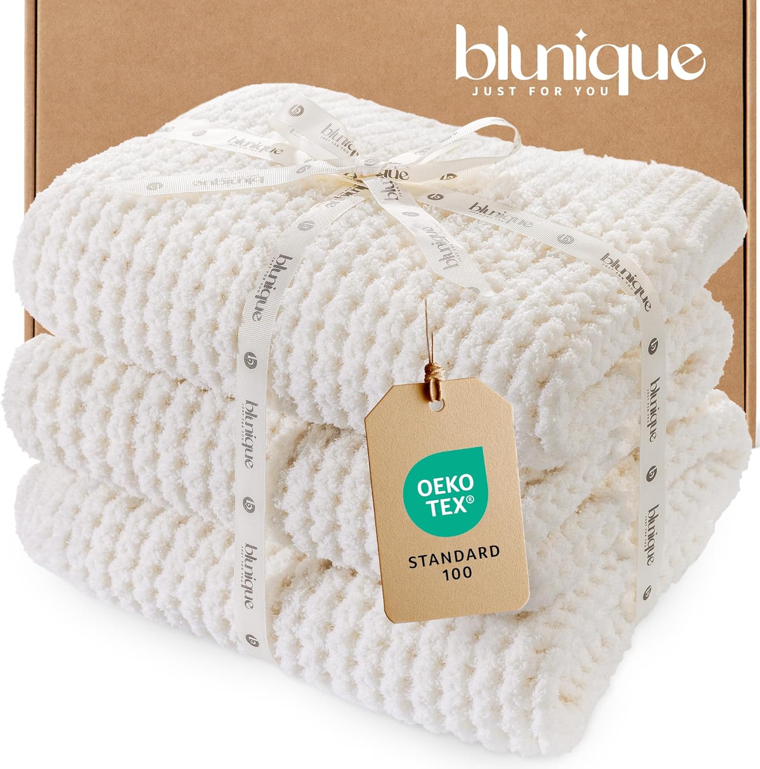 Waffle Knit Twin Blanket, Luxury Cozy Chunky Knit Twin Blanket for Couch, 60 x 80 Inch Thick Ultra-Soft Feather Yarn Knitted Blankets for Sofa, Bed, Home Decor - Off White