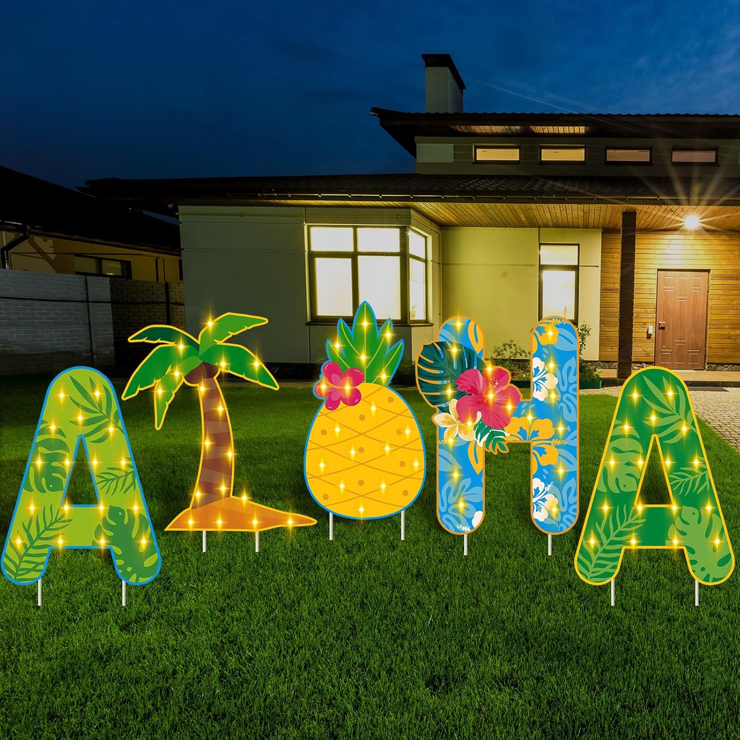 5 Pcs LED Aloha Yard Sign Aloha Surfboard Sign Tropical Summer Lawn Sign Light up Hawaiian Outdoor Decor Plastic Sign with Stakes for Summer Beach Garden Party Decor(Tropical)