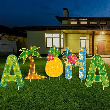 Lineshading 5 Pcs Hawaiian Luau Party Decorations LED Aloha Yard Sign Surfboard Tropical Summer Lawn Sign Light up Hawaiian Outdoor Decor with Stakes for Summer Garden Beach Party DecorTropical