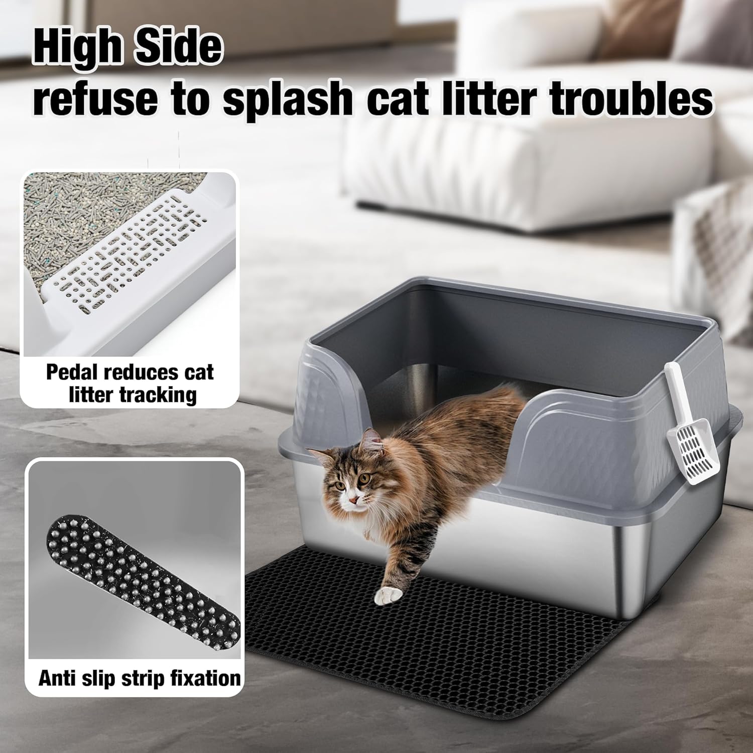 Suhaco XXXL Stainless Steel Litter Box with High Sided Deep Side Entry Deep Extra Large Metal Litter Box Included Mat & Scoop Anti-Urine Leakage Cat Litter Boxes for Big Cats (Grey XXXL)