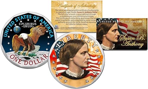 Susan B. Anthony - Moneda genuina de un dólar con cápsula de moneda y COA * Color de 2 caras*