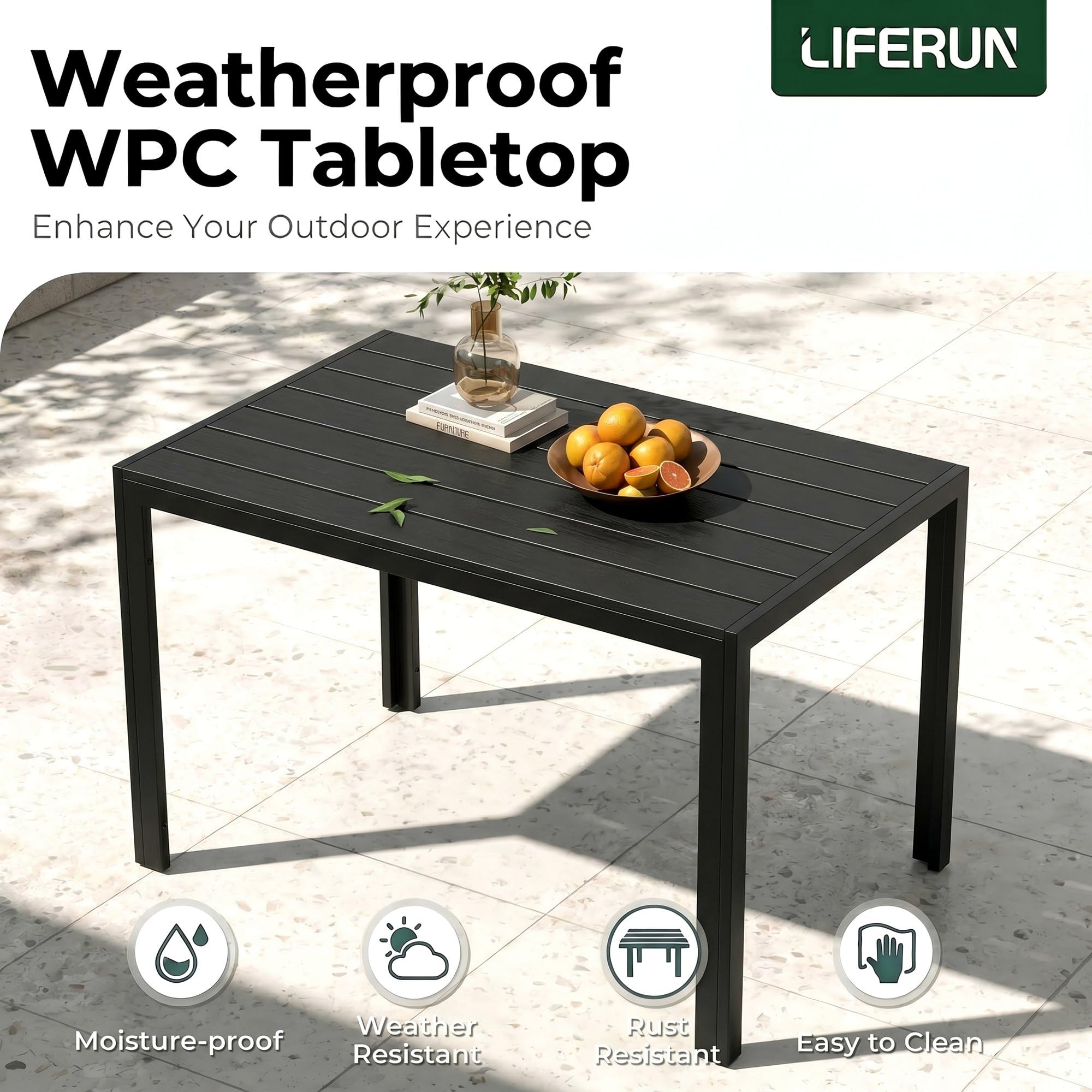 LIFERUN 3-teilig Gartenmöbel Set, Balkonmöbel & Sitzgruppe Outdoor, Schwarz | mit 2 Verstellbare Hochlehner Klappstühle und 110x70cm WPC Wetterfest Rechteckiger Terrassentisch