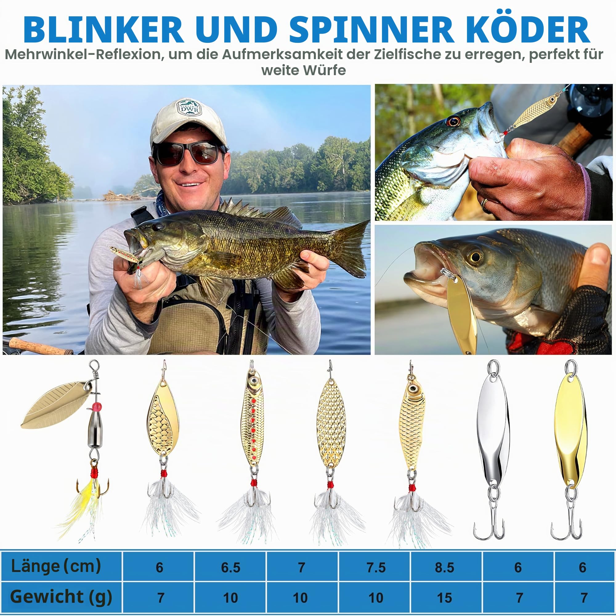 PLUSINNO Angelköder für Barsch, 16 Spinnerköder mit tragbarer Tragetasche, Barschköder, Forellenköder, Hartmetall-Spinnköder-Set