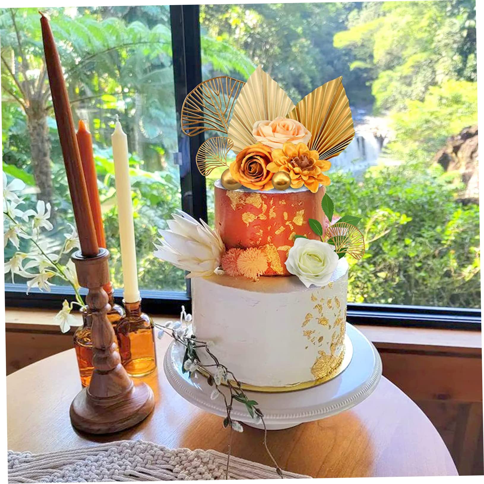 Abaodam 4sätze Goldene Palmblatt Tortendeko Für Boho Geburtstag Und Hochzeitsfeiern Teiliges Mit Kunstvollen Papierblüten Und Metallkugeln Für Kreative Kuchendekorationen
