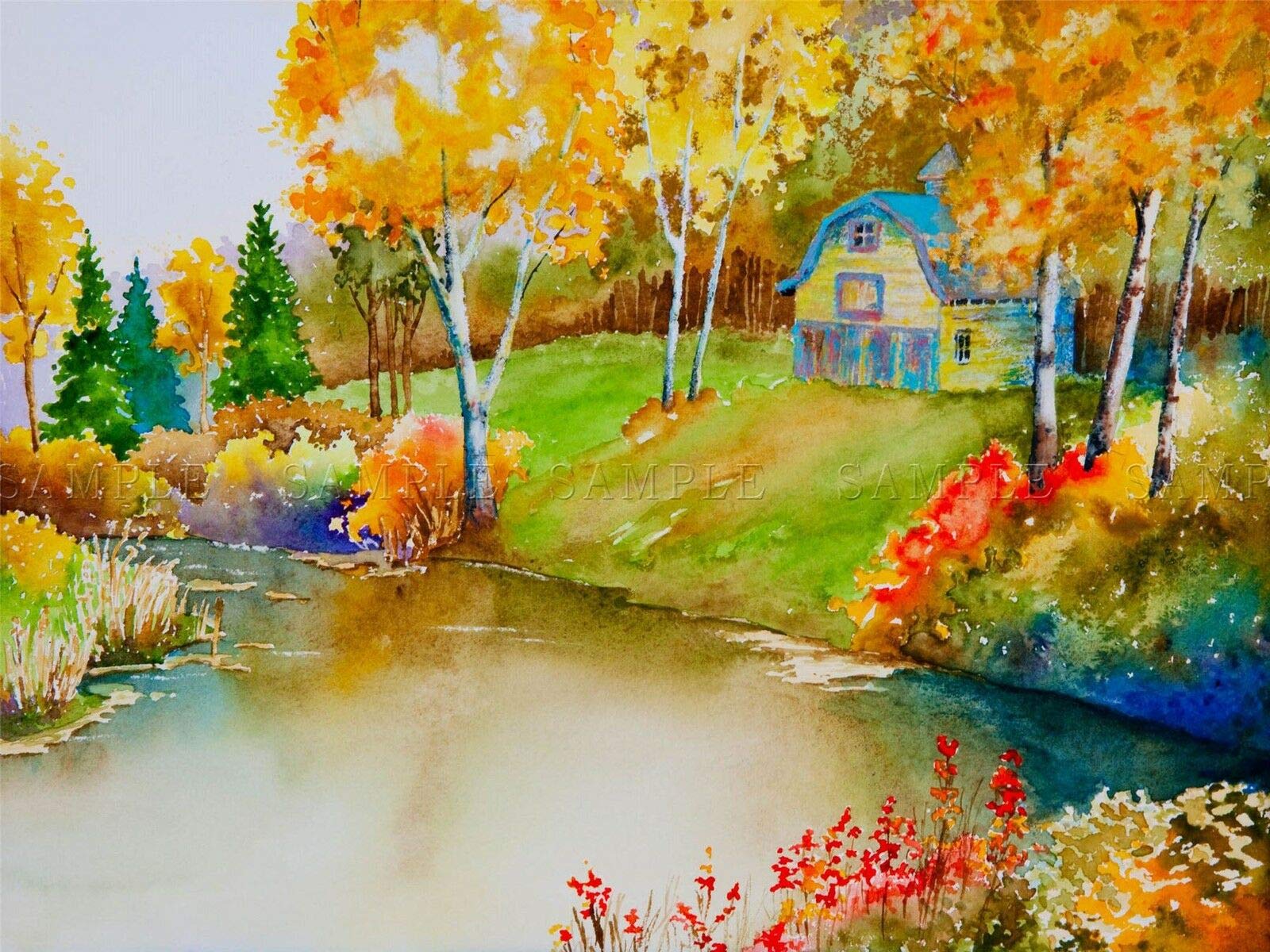 YourSpace 322405 Paint Landscape River Cottage Scene Autumn Leaves Trees Pretty Decor Wall 24x18 Poster Print