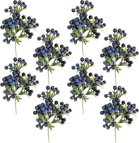 8 piezas de ramas artificiales de arándano, 14 pulgadas, bayas de simulación de bayas de imitación de tallo largo para Navidad, hogar, boda,