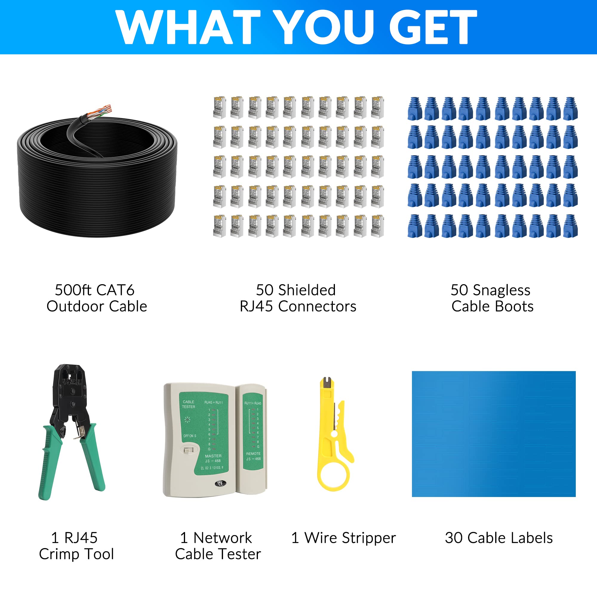 Ethernet Cat6 d'extérieur de 152 m avec kit d'outils, cordon réseau Internet très résistant, prend en charge la norme Cat 6 Cat5e Cat5, UTP, CCA, imperméable, PVC et LDPE UV double gaines, dans le