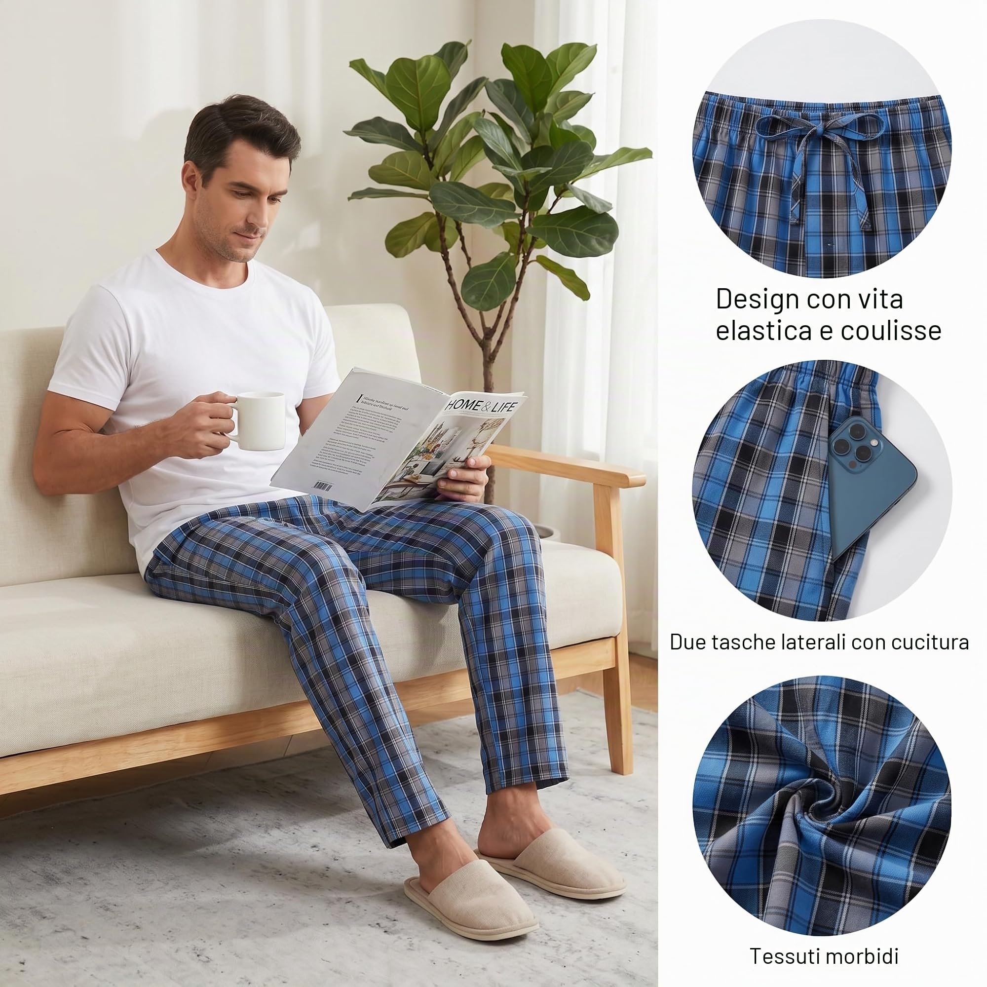 YUSHOW Pantaloni Pigiama Uomo Cotone a Quadretti Comodo Pantaloni da Notte Lunghi con Tasche Coulisse per Casa Pacco da 2