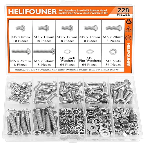 Miniatura 1 de HELIFOUNER 228 piezas M5 x 0.315 in 0.394 in 0.472 in 0.630 in 0.787 in 0.984 in 1.181 in, cabeza de botón, tornillos, arandelas, tuercas, acero