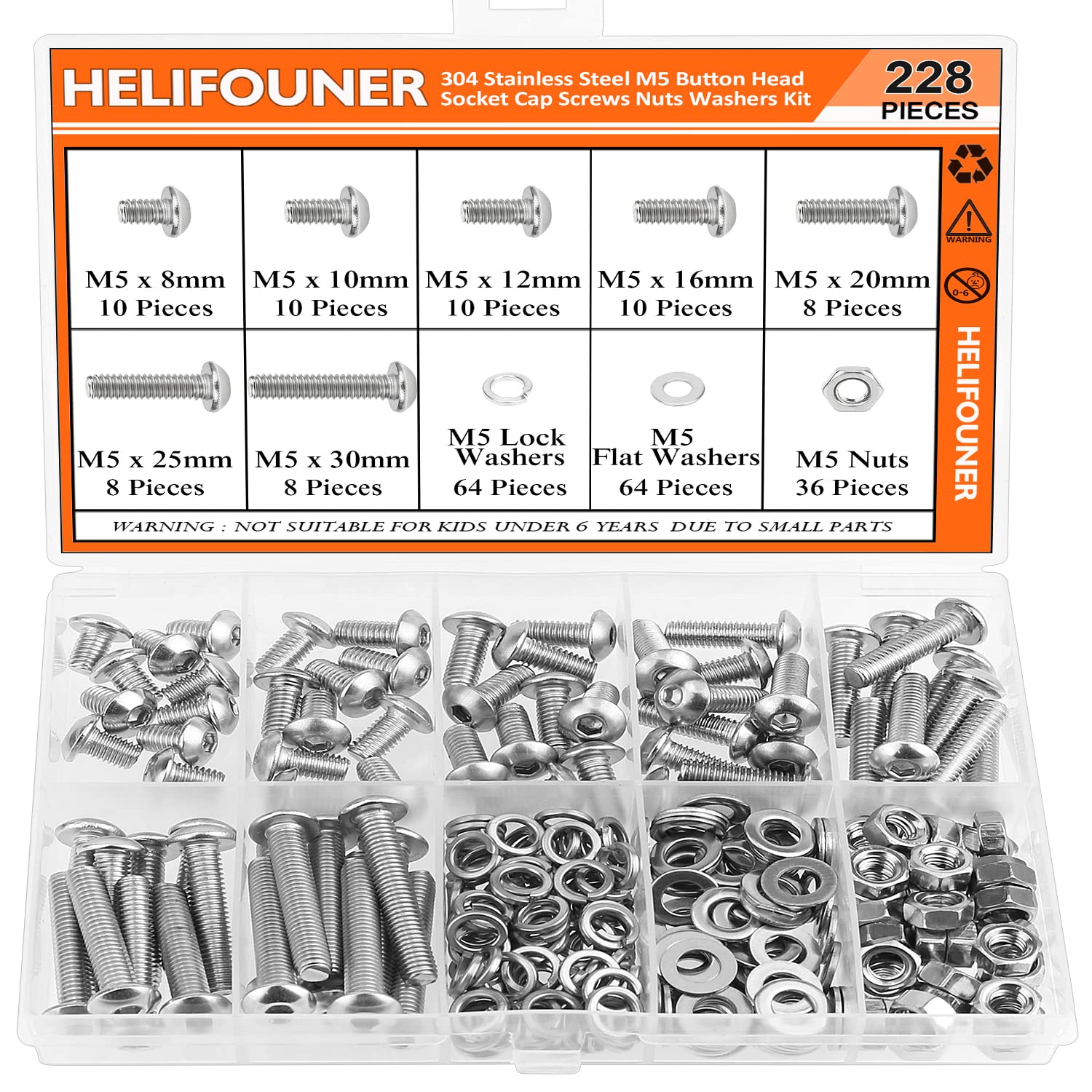 HELIFOUNER 228 Pieces M5 x 8mm /10mm /12mm /16mm /20mm /25mm /30mm, Button Head Socket Cap Screws Bolts Washers Nuts Kit, 304 Stainless Steel