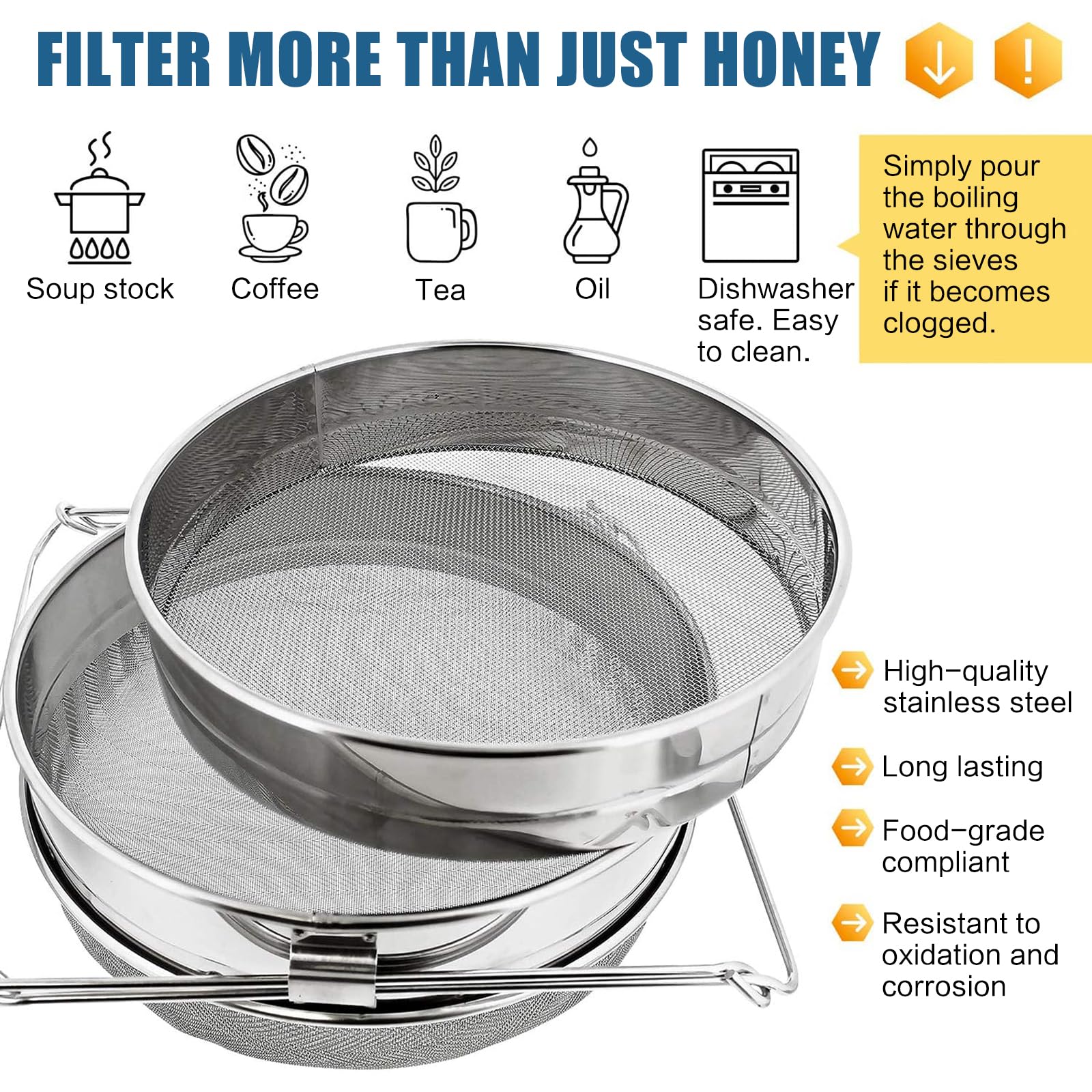 ZONSUSE Passoire à Miel en Acier Inoxydable, Filtre à Double Tamis, Outils D'extraction D'abeilles avec Poignées Réglables, Équipement D'apiculture, Extraction de Miel, Idéal pour les Apiculteurs