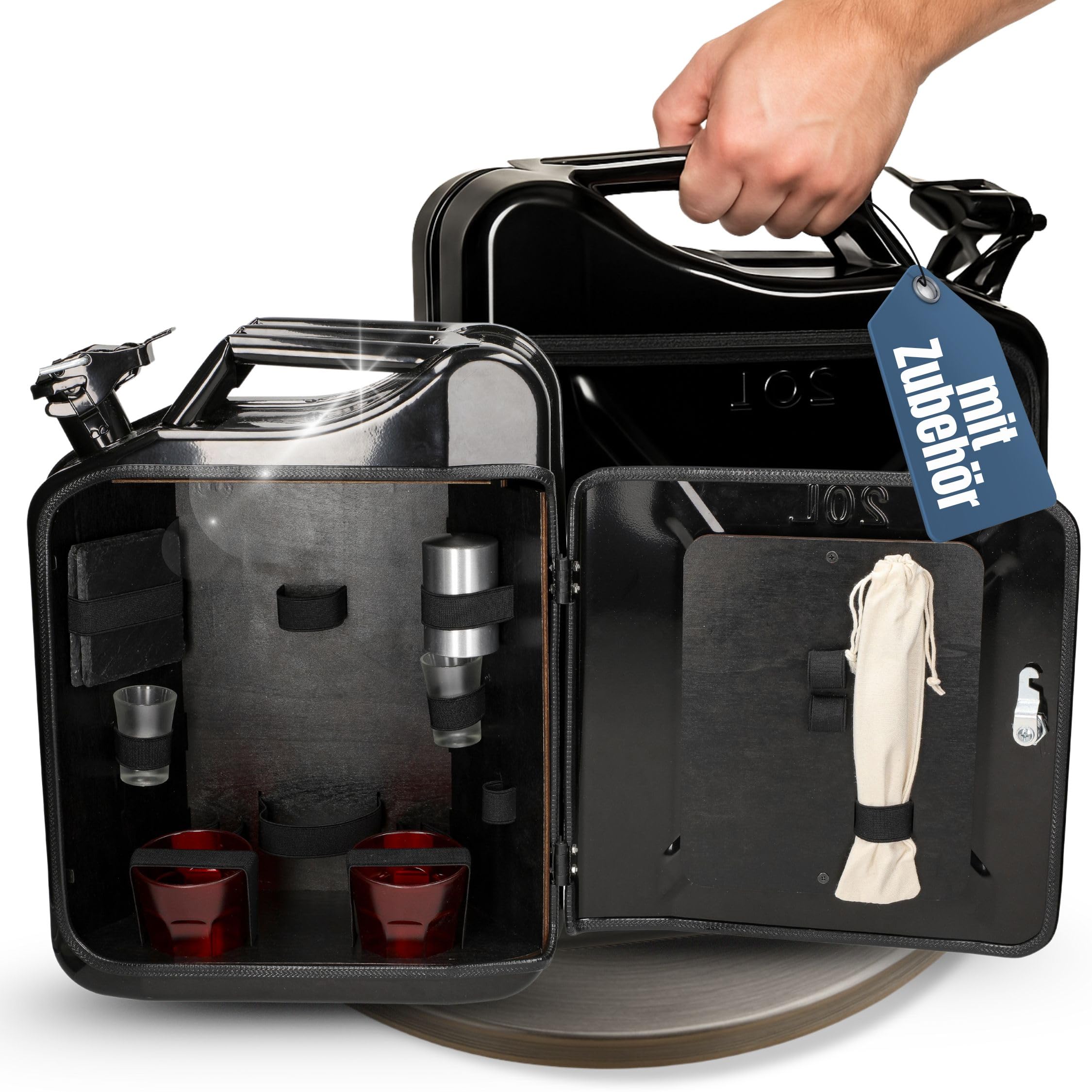 Mobile Minibar Set 2 - abschließbare Bar im Benzinkanister mit Zubehör | hochwertig, robust, praktisch, vielseitig, Alltag, Geschenkidee, langlebig, handlich, täglich