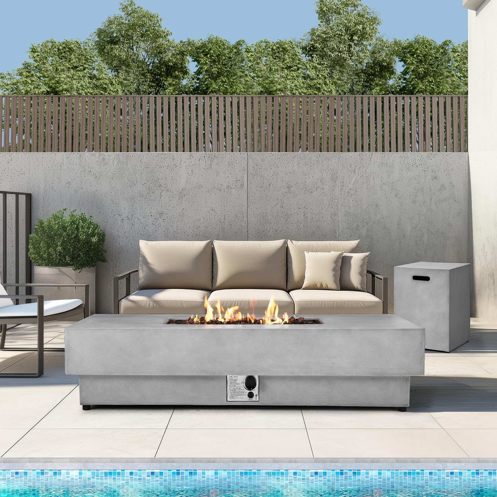 2 Pieces 60-Inch Outdoor Propane Fire Pit Table w/Tank Cover - 50,000 BTU, Concrete Rectangle Firepits | Integrated Ignition, Steel Lid, Lava Rocks & Rain Cover Included