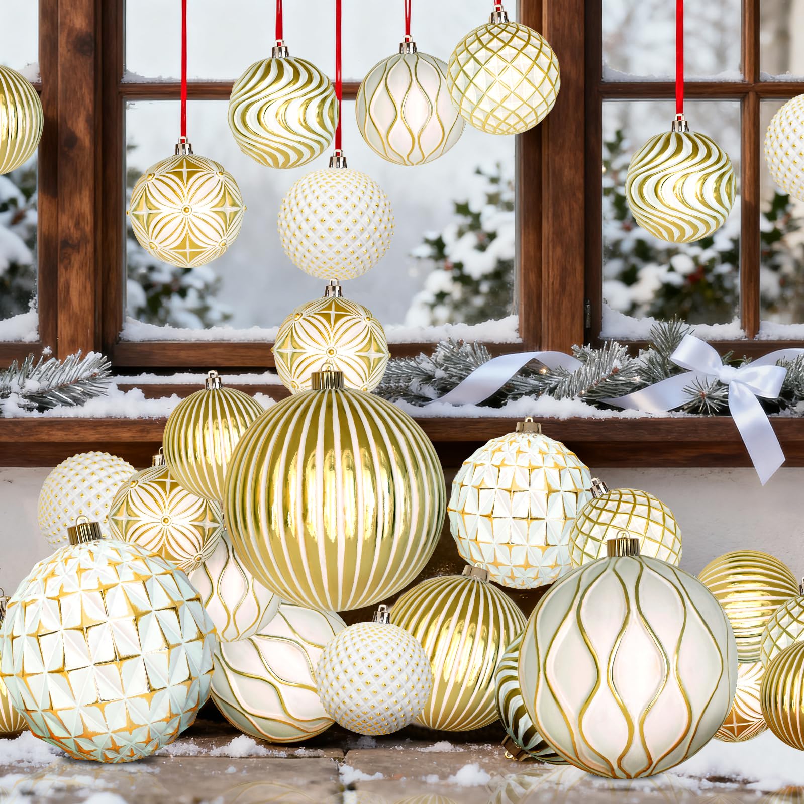 Lanpn 12 Pz 10cm Palle di Natale Grandi, Palline Natalizie Giganti All'aperto, Palle Retrò di Albero Natale con Rilievo Motivi, Decorazioni Palline Infrangibili per Cortile Terrazza, Bianco & Oro