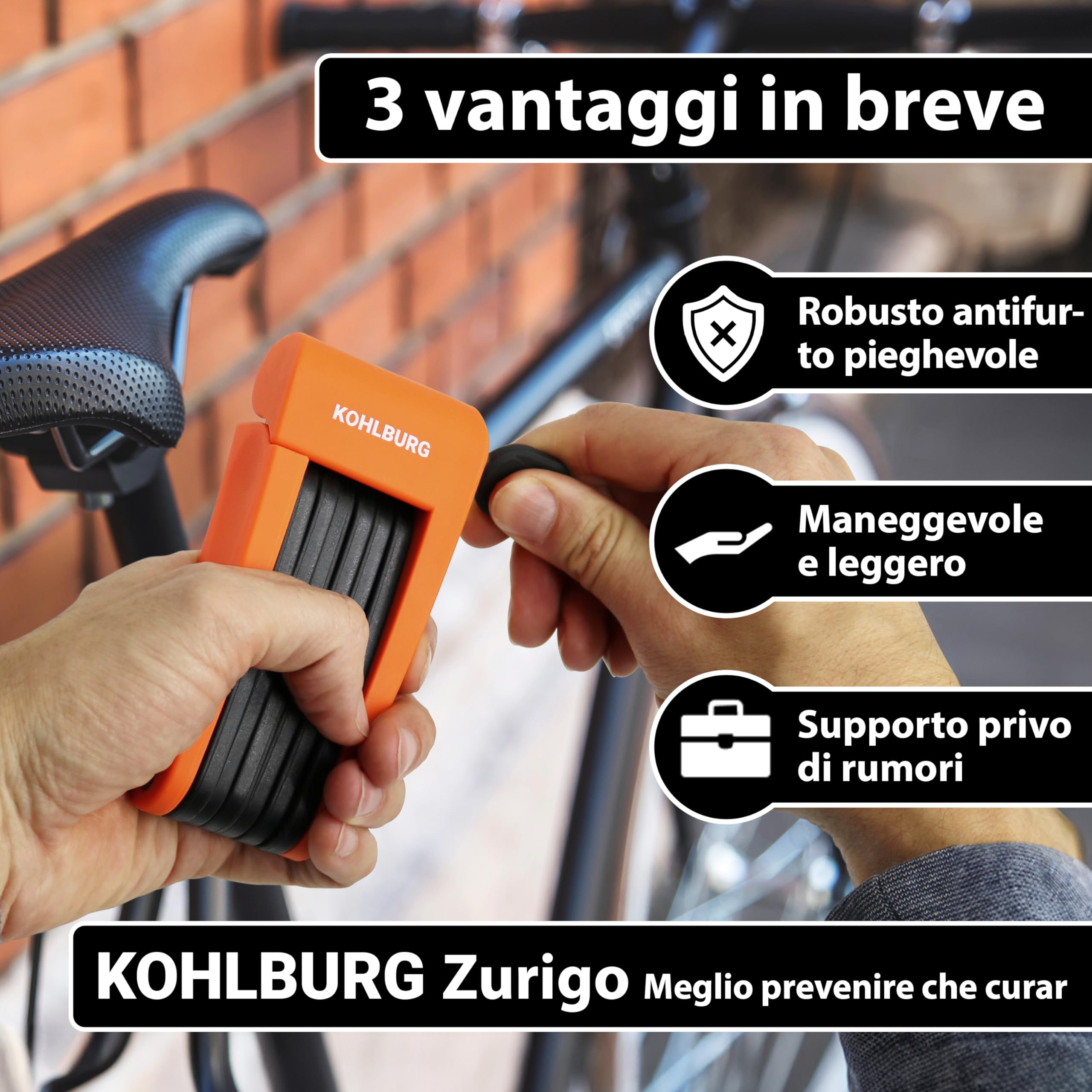 KOHLBURG antifurto pieghevole leggero & piccolo - 680g leggero & 70cm lungo - antifurto bicicletta in acciaio temprato per bicicletta elettrica & biciclette con supporto - bike lock
