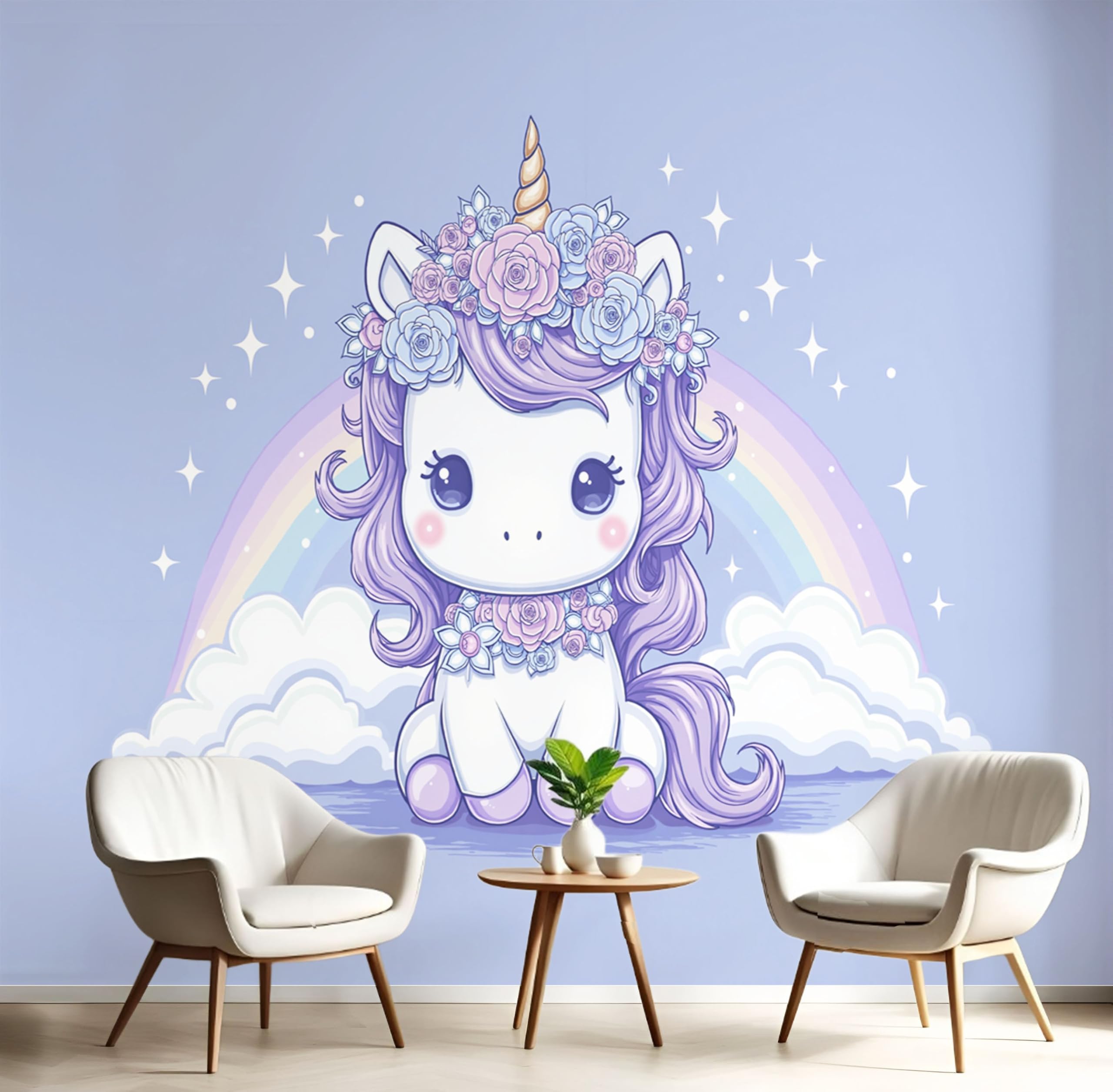 Papier peint panoramique 200x140cm nuages arcs-en-ciel poneys pour décoration murale chambre