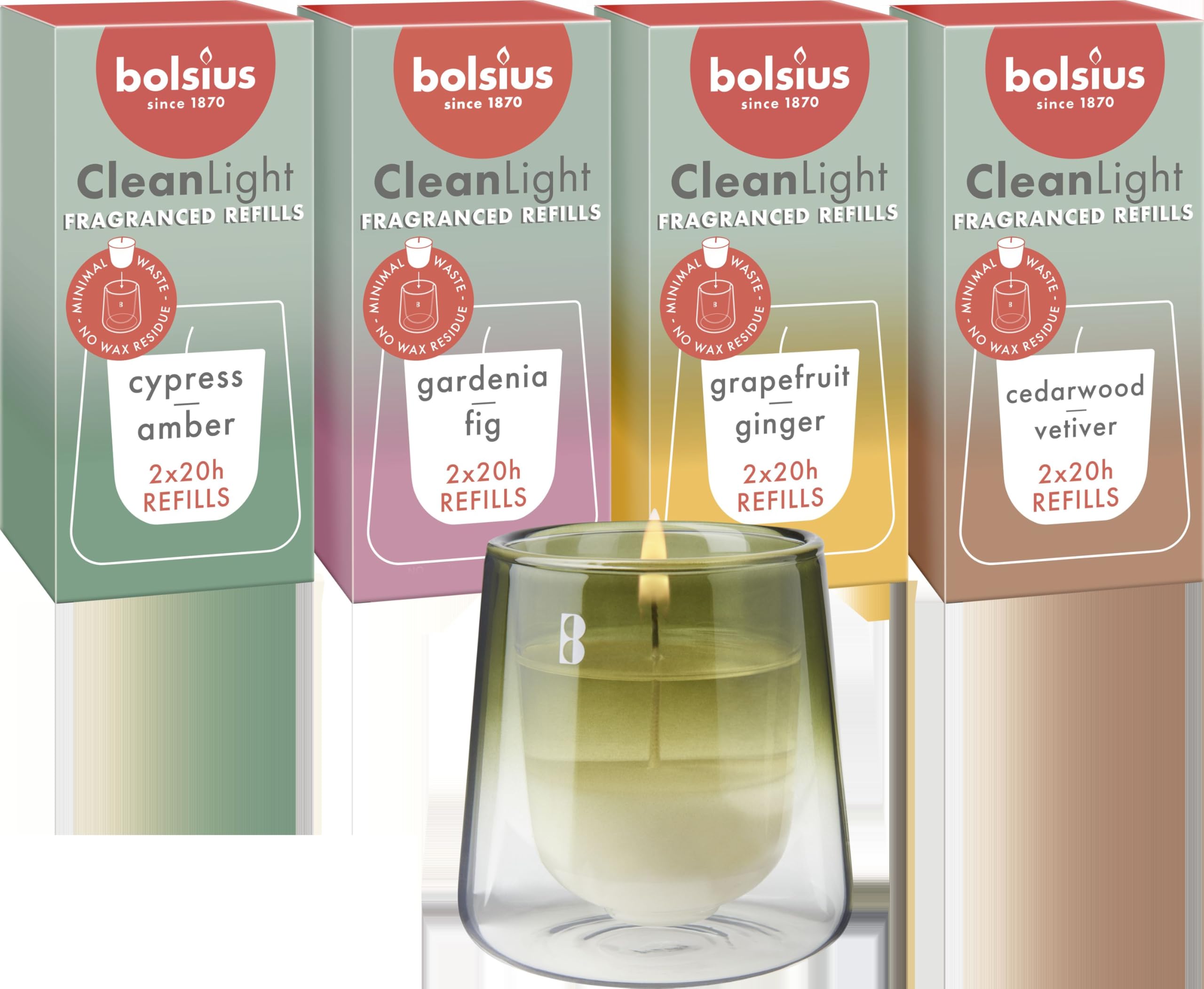 Bougie parfumée Bolsius CleanLight à combustion de 20 heures sans résidu avec cire végétale
