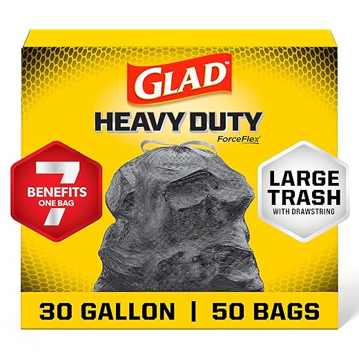 Glad Large 30 Gallon Trash Bags, Unscented Heavy Duty Garbage Bags, Forceflex with Drawstring, 50 Count (Packaging May Vary)