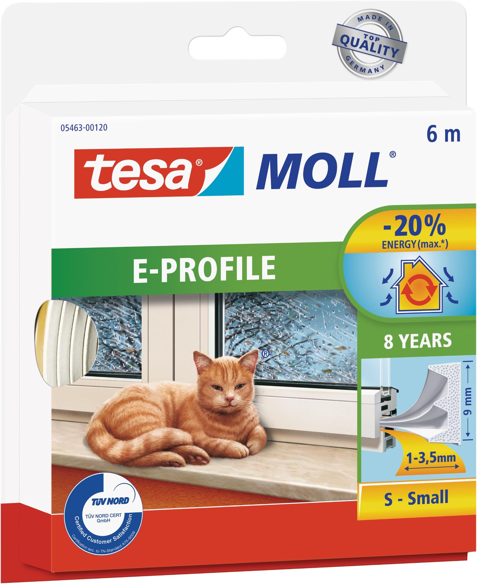 tesamoll E-Profile Seal - Self Adhesive Rubber Draught Excluder for Insulating Gaps in Windows and Doors - White - 6 m x 9 mm x 3.5 mm