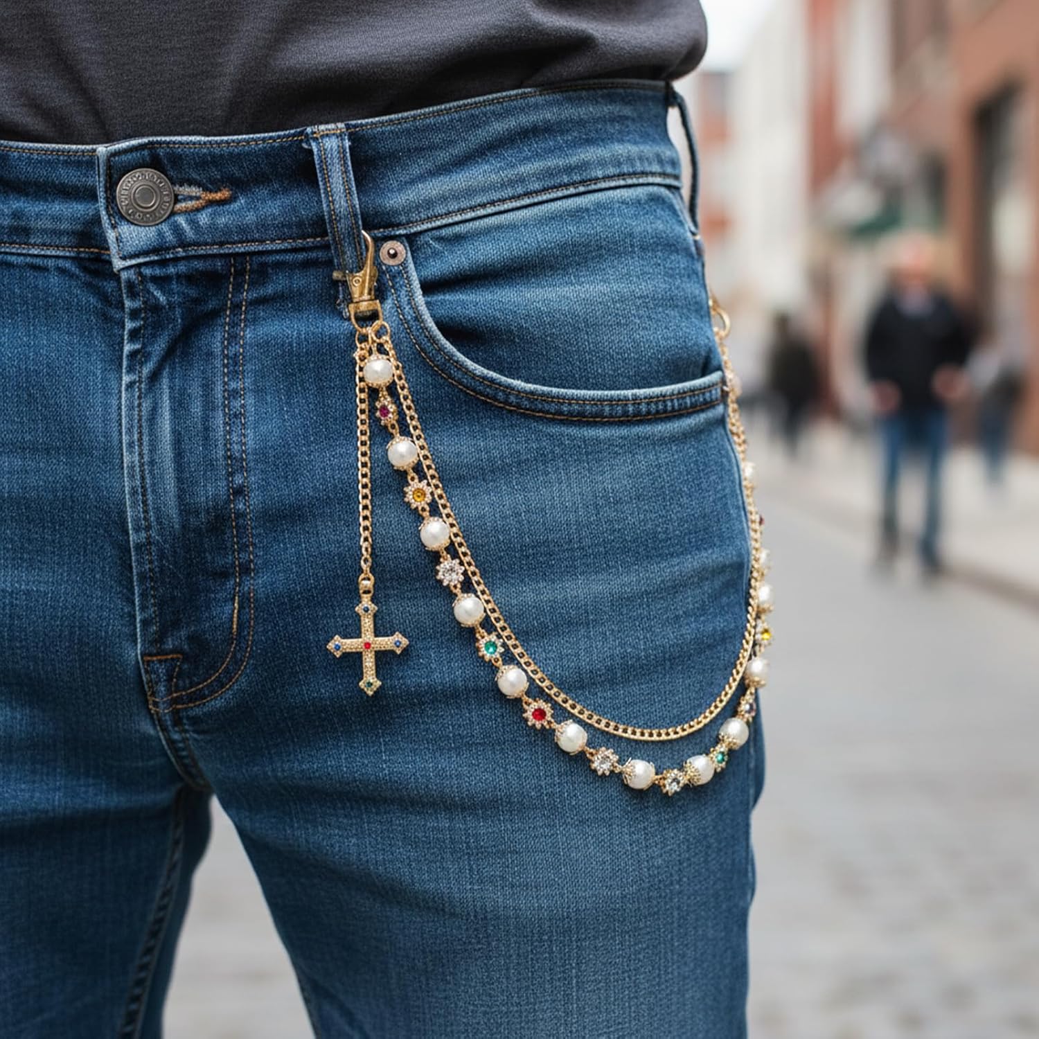 Hip Hop Waist Belt Chain Pearl Rhinestones Cross Double Layer Pants Chain Punk Rock Gold Chains for Pants Jeans Concerts Festivals Daily Outfits keychain Wallet Bag Jewelry Men Women - Image 4