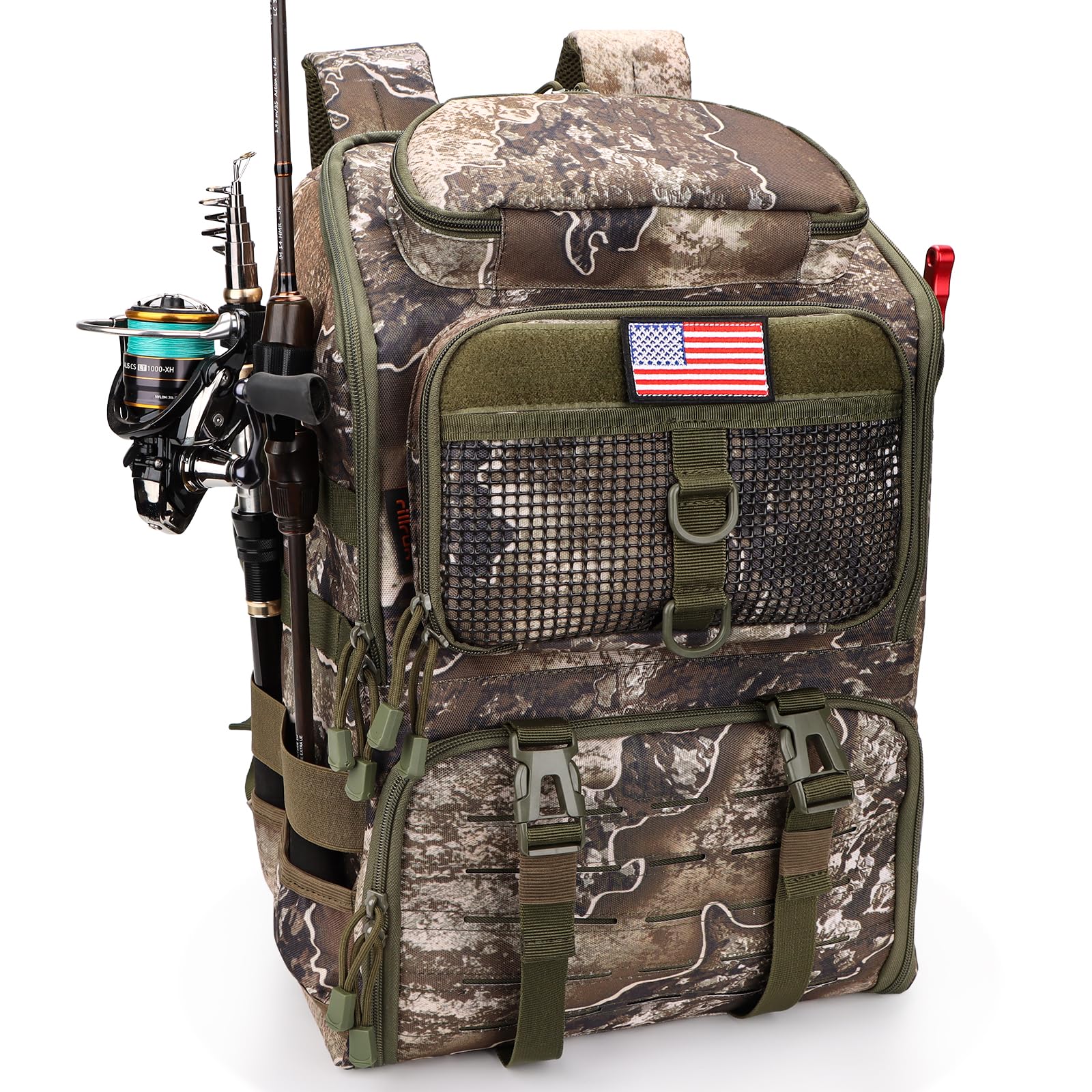 rillrun Fishing Backpack with Rod Holders, Ultimate Tackle Box Bakpack for Men, 42L Large Tackle Bag Store Fishing Gear