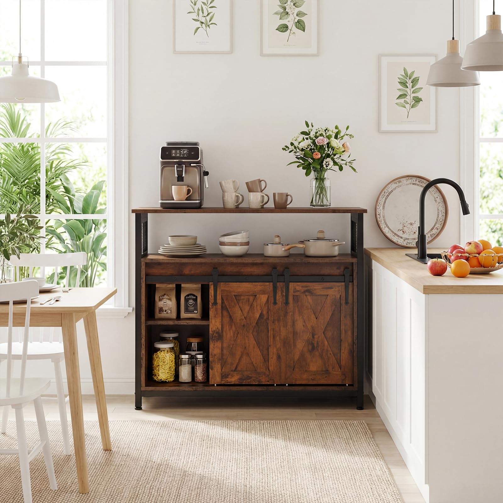 Sideboard, Küchenschrank, Aufbewahrungsschrank, 100 x 33 x 80 cm, mit 2 Schiebetüren, verstellbare Ablagen, Landhausstil, für Wohnzimmer, Esszimmer und Küche, vintagebraun-schwarz