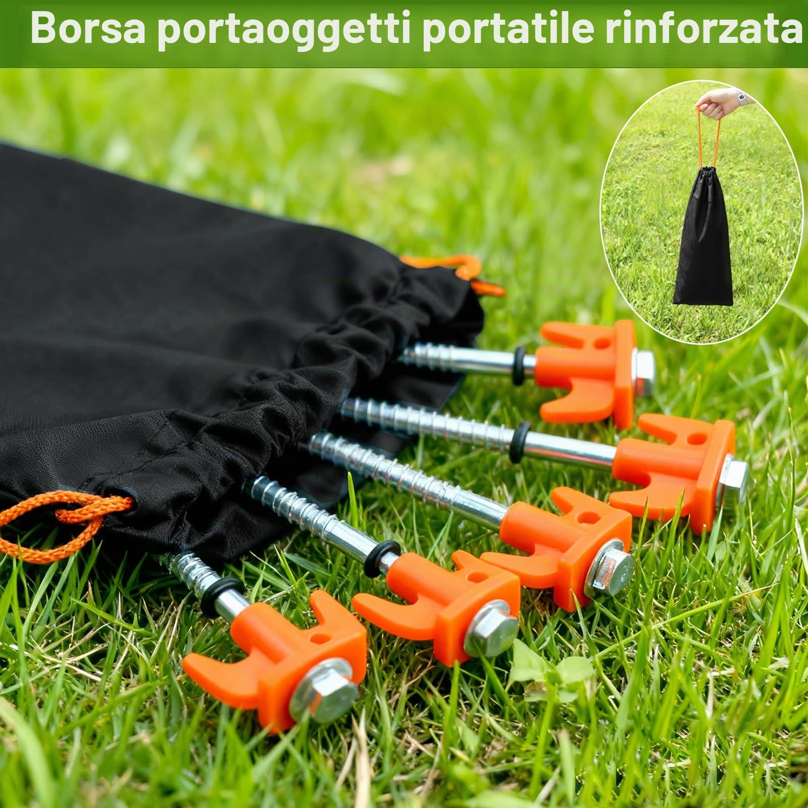 HA BIN 12x Picchetti per Tenda 20cm a Vite – Chiodi da Terra in Acciaio con Filettatura, Picchetti da Campeggio Antivento con Bussola Esagonale, Estrattore, Corde & Borsa – per Tende e Ombrellone
