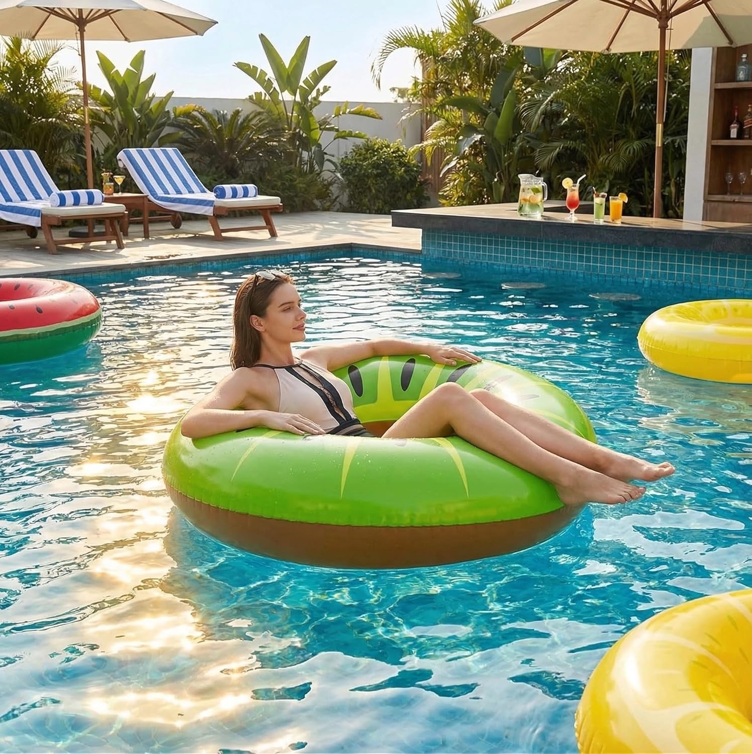 Inflatable Swim Tube Raft with Summer Fruits Painting, Pool Toys for Swimming Pool Party Decorations(Green,1Pcs)