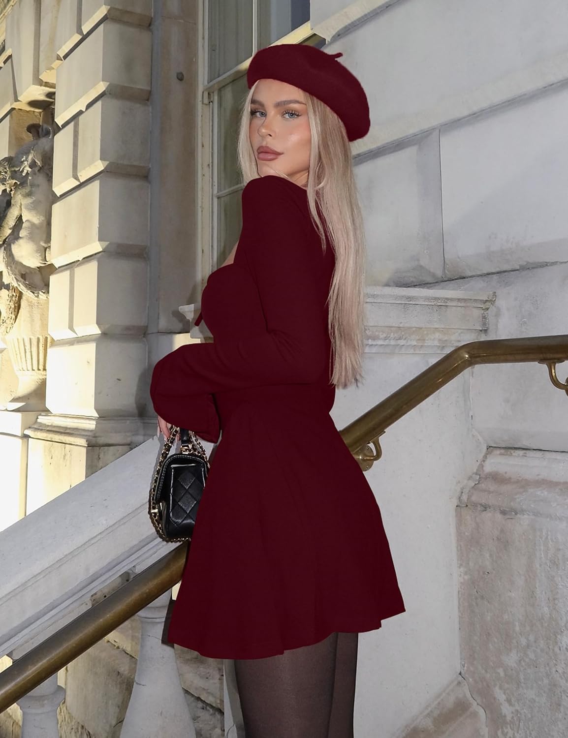 YMDUCH Women's Sexy Long Sleeve Sweetheart Neck A-line Ruffle Hem Party Club Mini Dress - Image 7