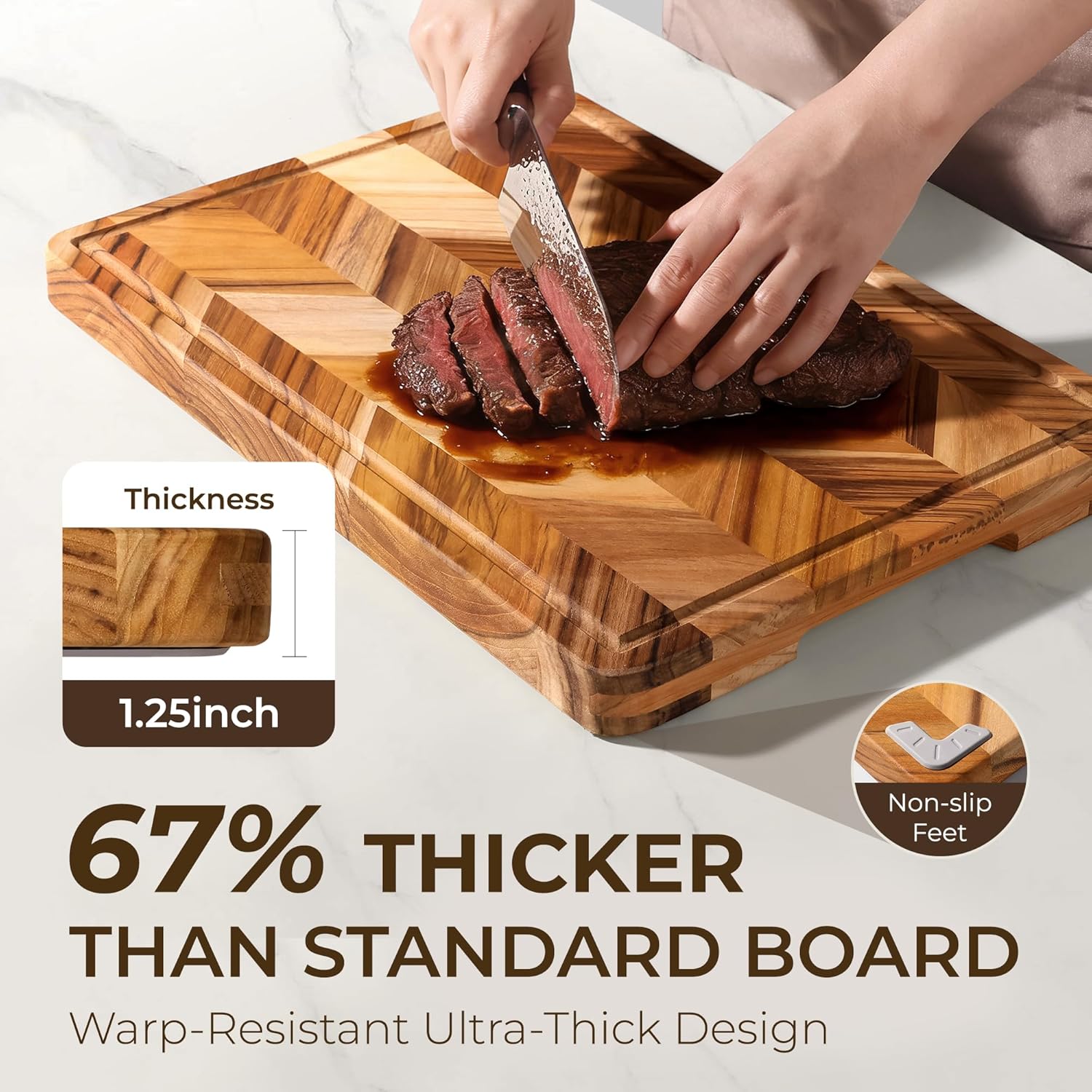 Teak Wood Cutting Board for Kitchen Large End Grain Heavy Duty Checkered Wooden Cutting Board Non Toxic Herringbone Charcuterie Butcher Block Non Slip Hardwood Chopping Board with Juice Groove Handle