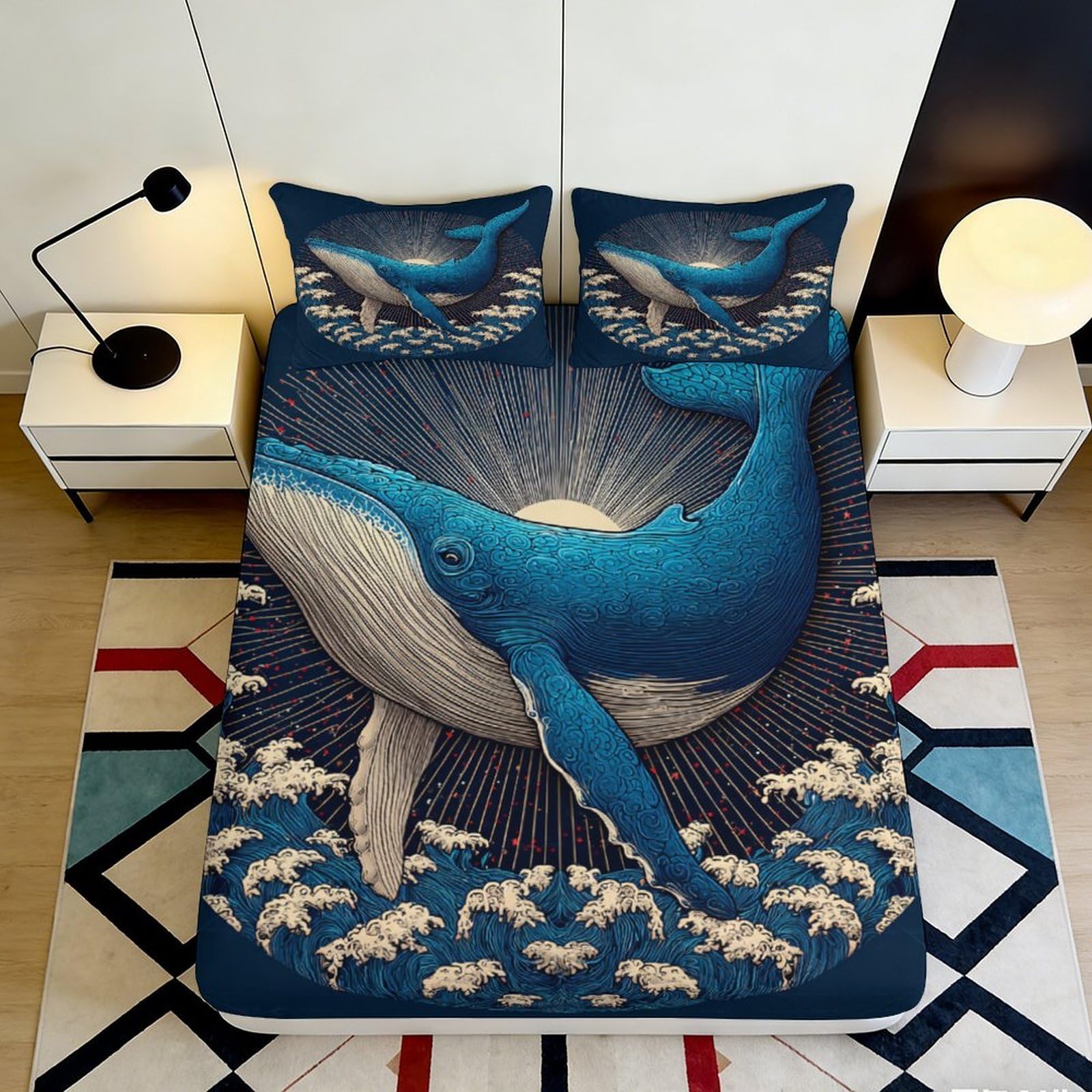 3D Printed Blue Whale Ocean Fitted Sheet Microfiber Soft Breathable Sunset Wave Bed Cover for Bedroom Dorm Mattress Protection Decor 90x200x25cm