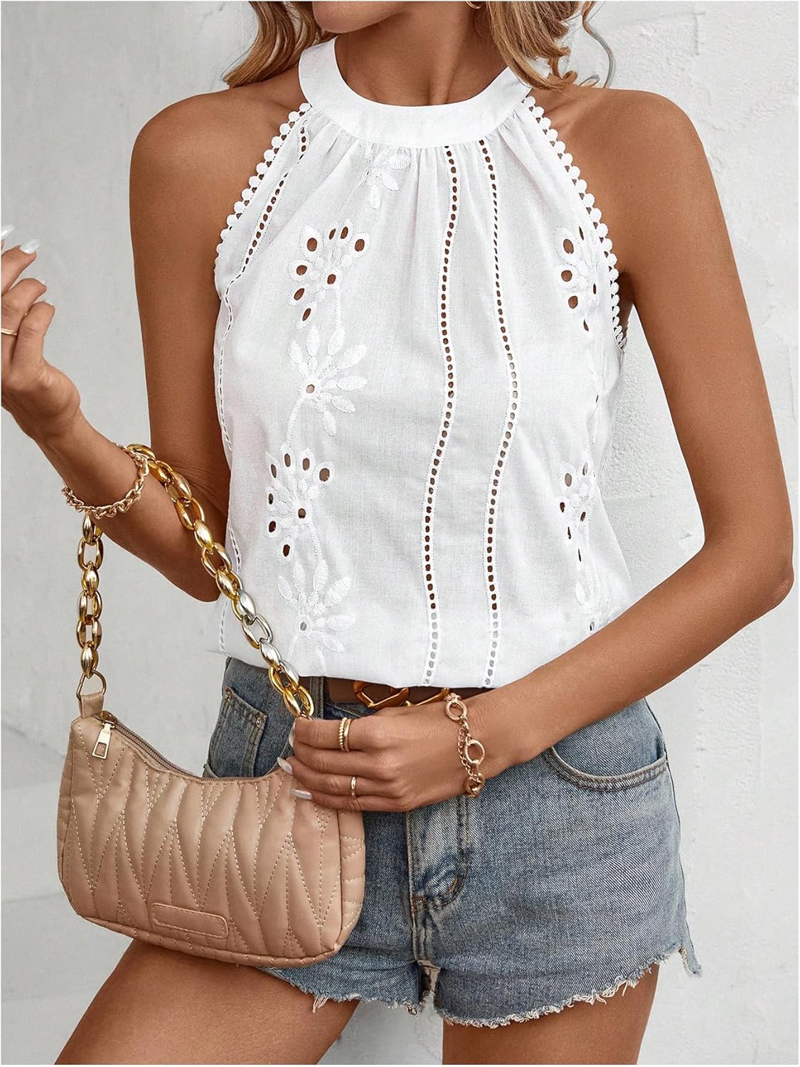 MakeMeChic Women's Eyelet Embroidery Lace Trim Sleeveless Halter Blouse Summer Shirt Tops - Image 5