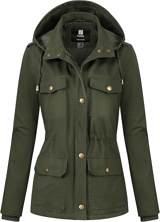 Pursky Womens Cotton Anorak Lightweight Military Jacket Warm Utility Casual Coat With Removable Hood
