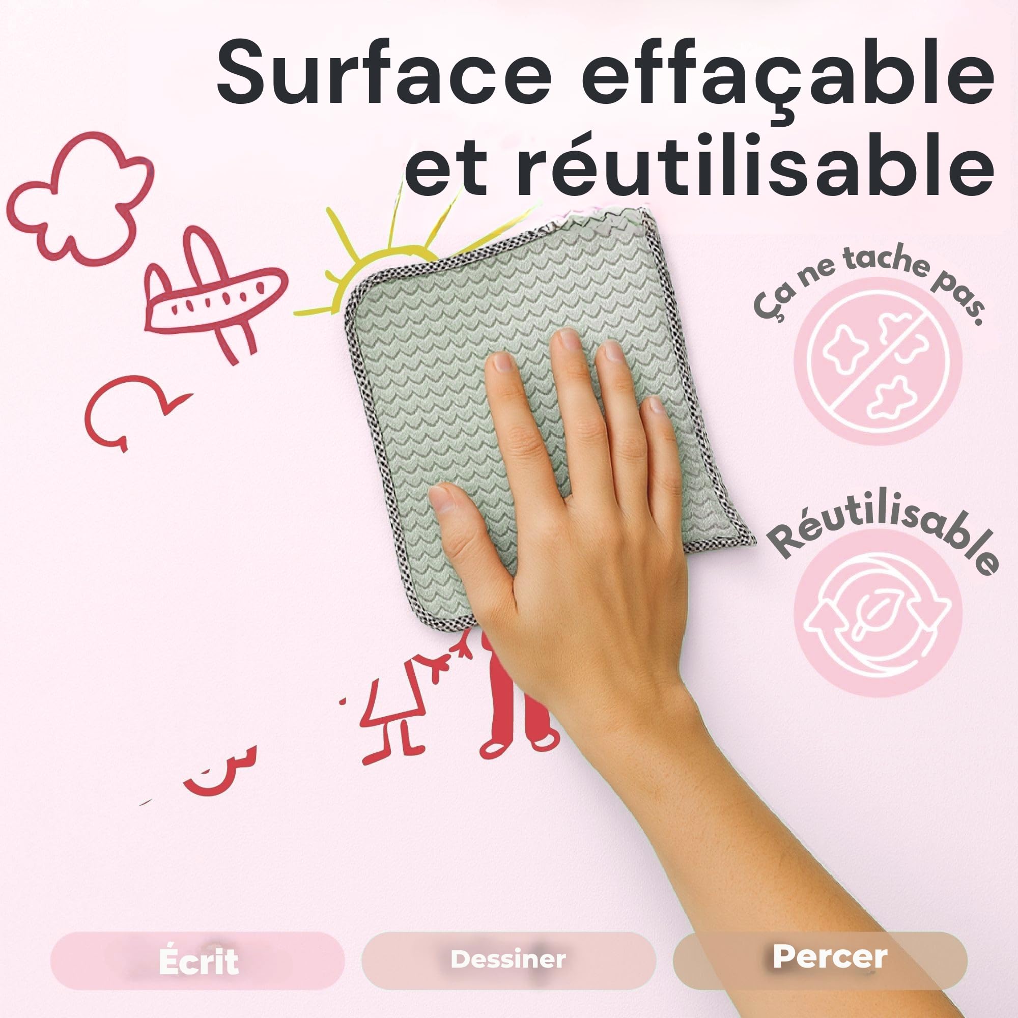 tableau magnetique enfant – tableau magnétique mural enfant en forme d’arche, tableau mural adhésif et réutilisable (Rose coton)