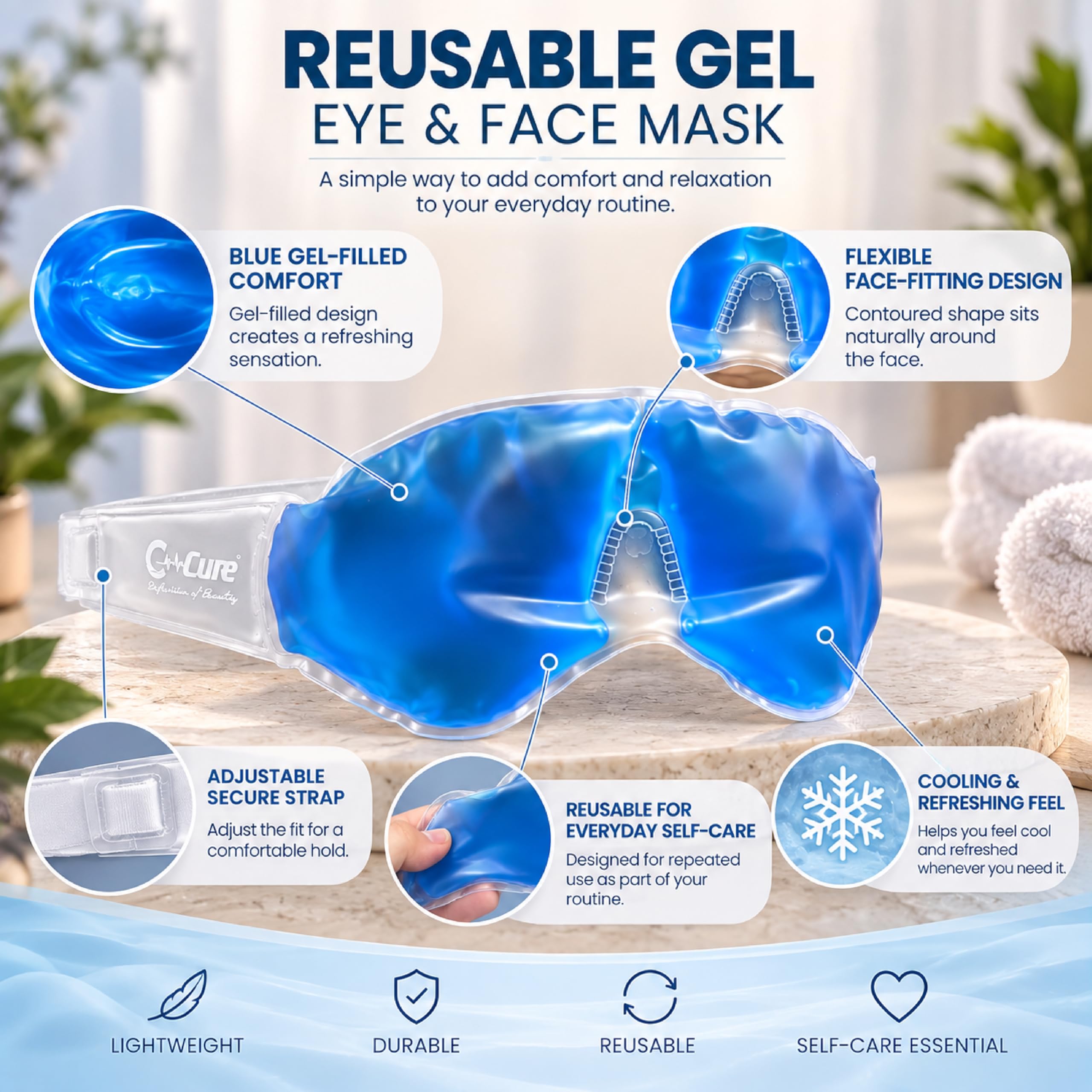 Eye Gel Mask for Sleeping Pack of 1 | Cooling Therapy Reusable Cold Eye Mask with Adjustable Strap | Comfortable Gel Eye Pack for Daily Use | For Dark Circles & Puffy Eyes | Men & Women - Blue — Amazon image 2