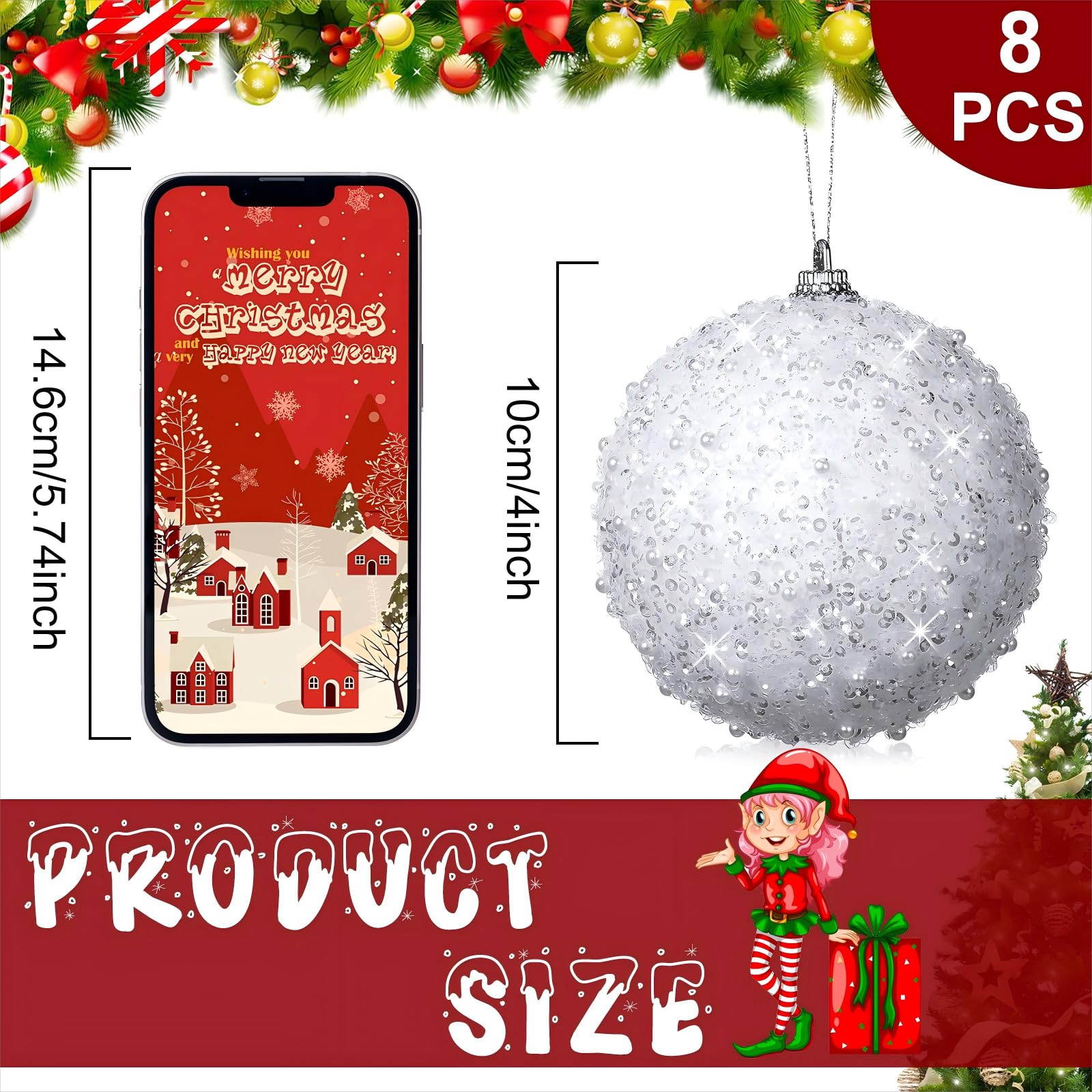 BBTO Lot de 8 boules de Noël blanches à paillettes à suspendre pour sapin de Noël, mariage, fête, décoration d'intérieur de 10,2 cm