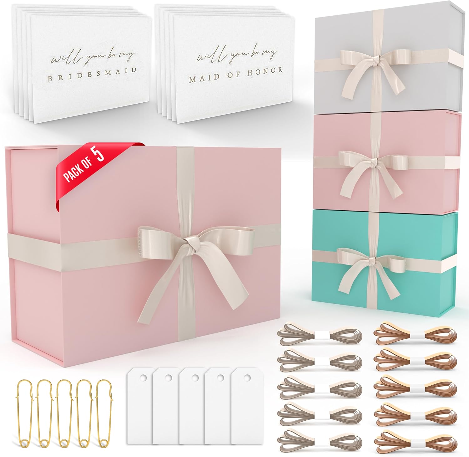 Gift Box Set - Bridesmaids Gifts for Wedding (5 Pack - Blush Pink), All Occasions, Bridesmaid Proposal, Magnetic Boxes With Lids, Big Set For Bridal, 13.5 x 9 x 4.5 inches, Pink GiftBox - Image 2