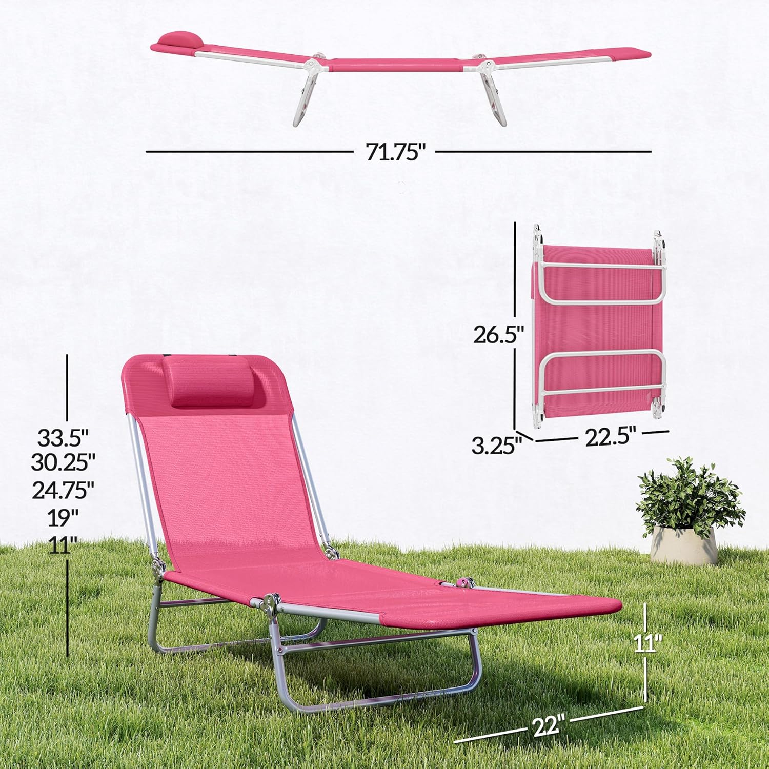Outsunny Folding Chaise Lounge Chair, Pool Sun Tanning Chair, Outdoor Lounge Chair with Reclining Back, Breathable Mesh Seat, Headrest for Beach, Yard, Patio, Pink