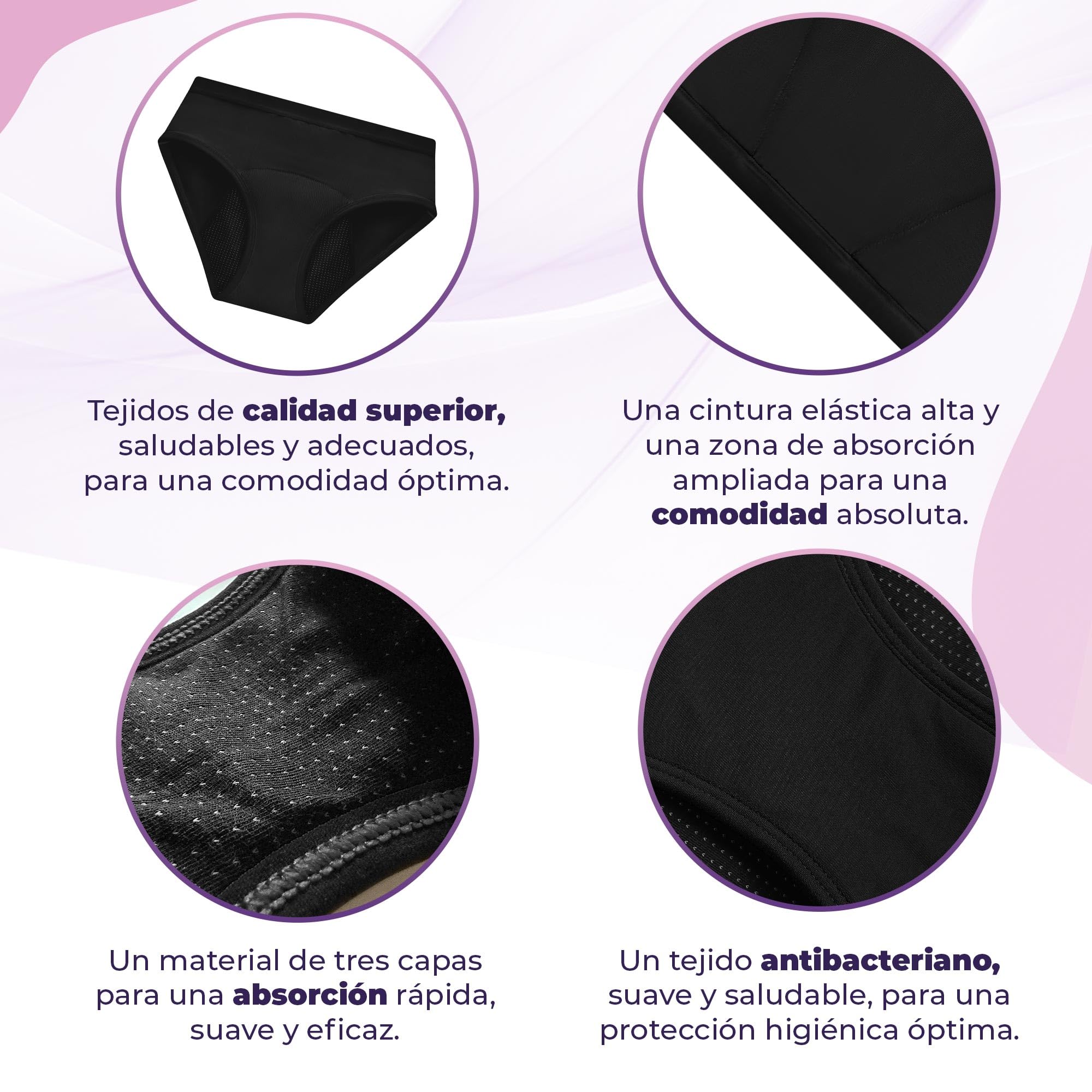 Bragas Menstruales Niñas en Fibra de Bambú | Absorción en Nido de Abeja, Transpirables, Antibacterianas | Ideales para Flujo Ligero a Flujo Abundante | Niñas y Adolescentes | OEKO-TEX (Pack de 3)