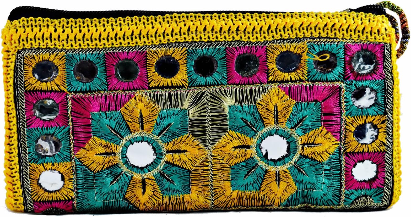 Handmade Small Clutch Handbags Purse Pouch For Women Ladies Embroidered Fabric Mirrors Vintage Floral Compact Design With Wrist Straps For School Girls Mums Teenagers Young Girls Uk Trendy Fashion
